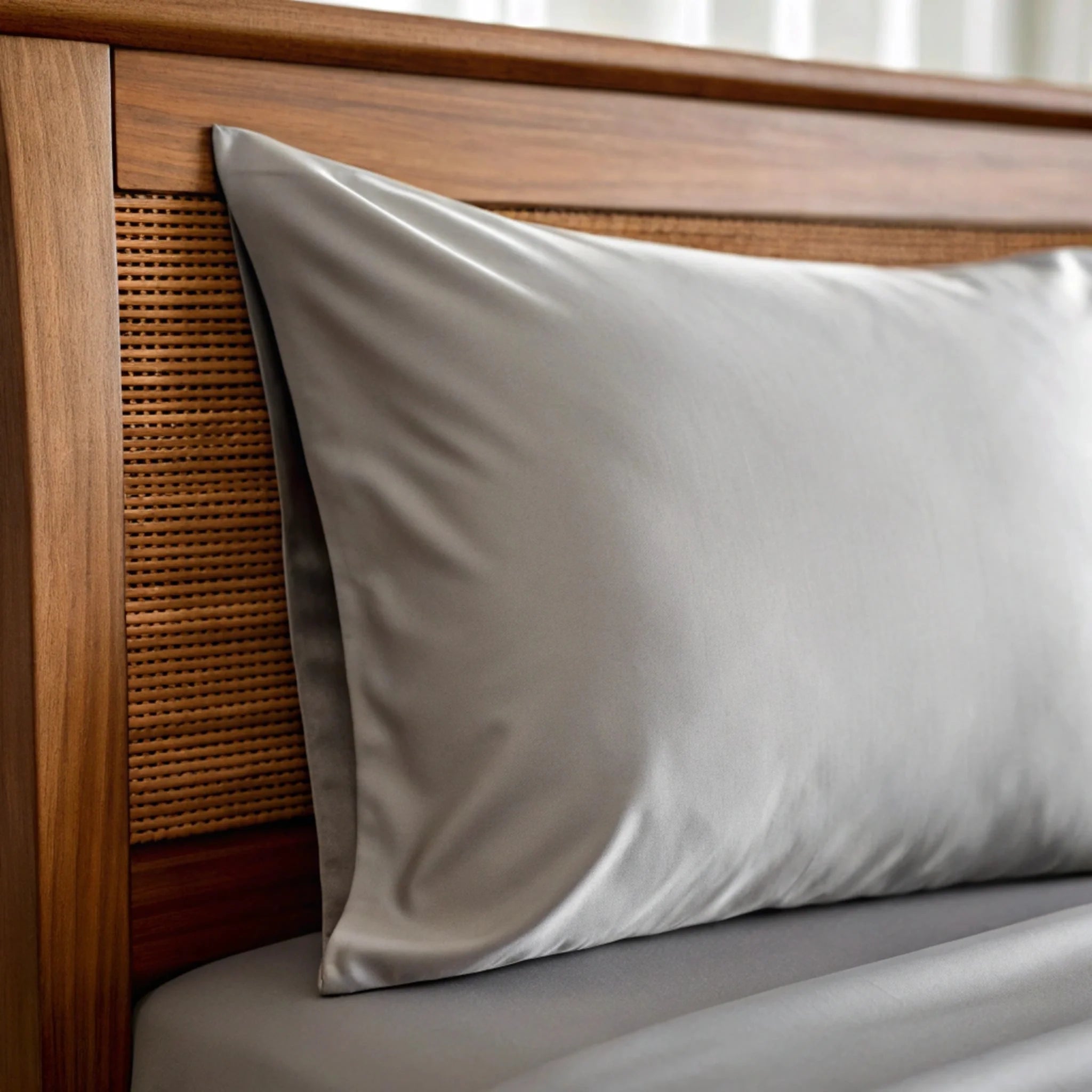 Gray pillow on a bed with a wooden headboard