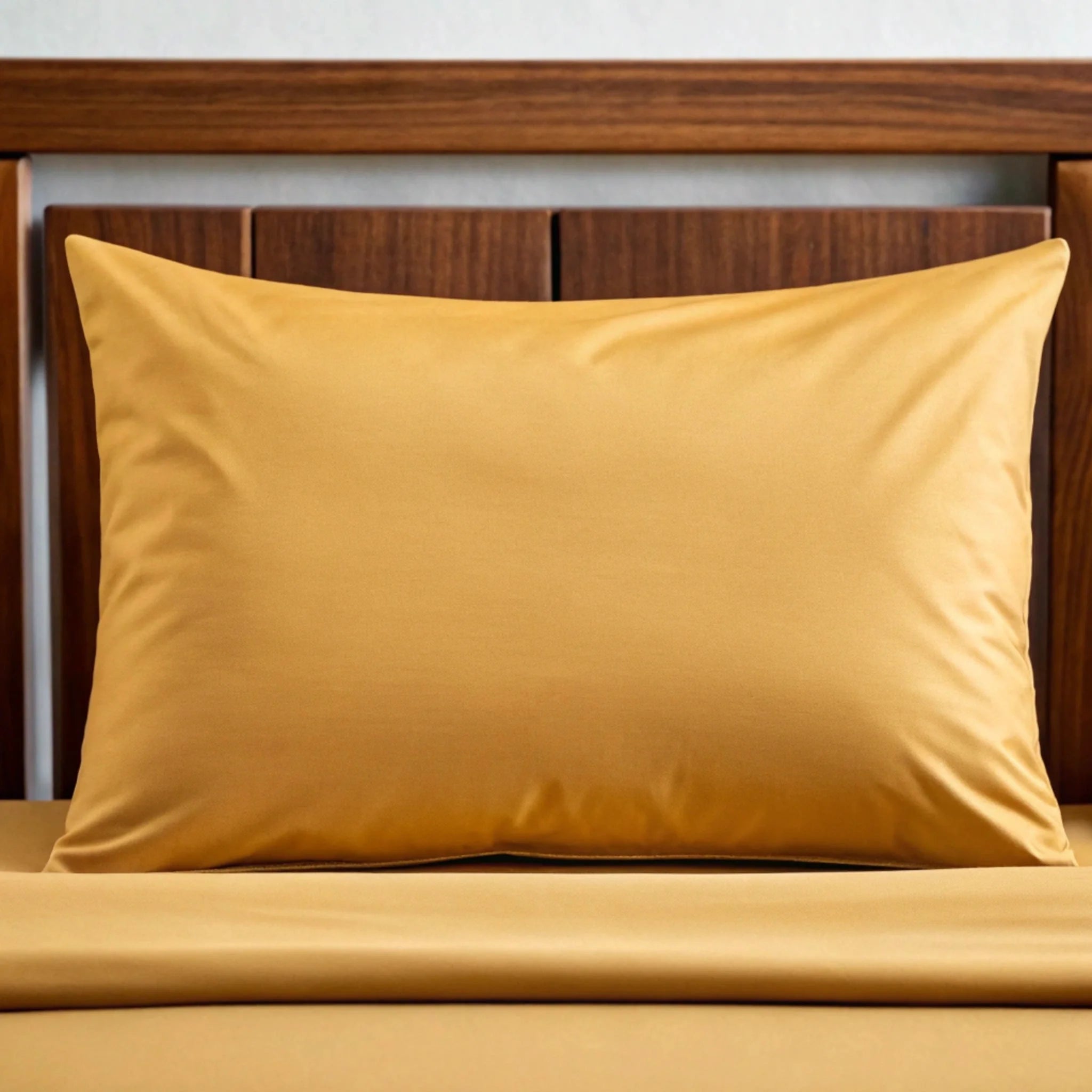 Yellow pillow on a bed with a wooden headboard
