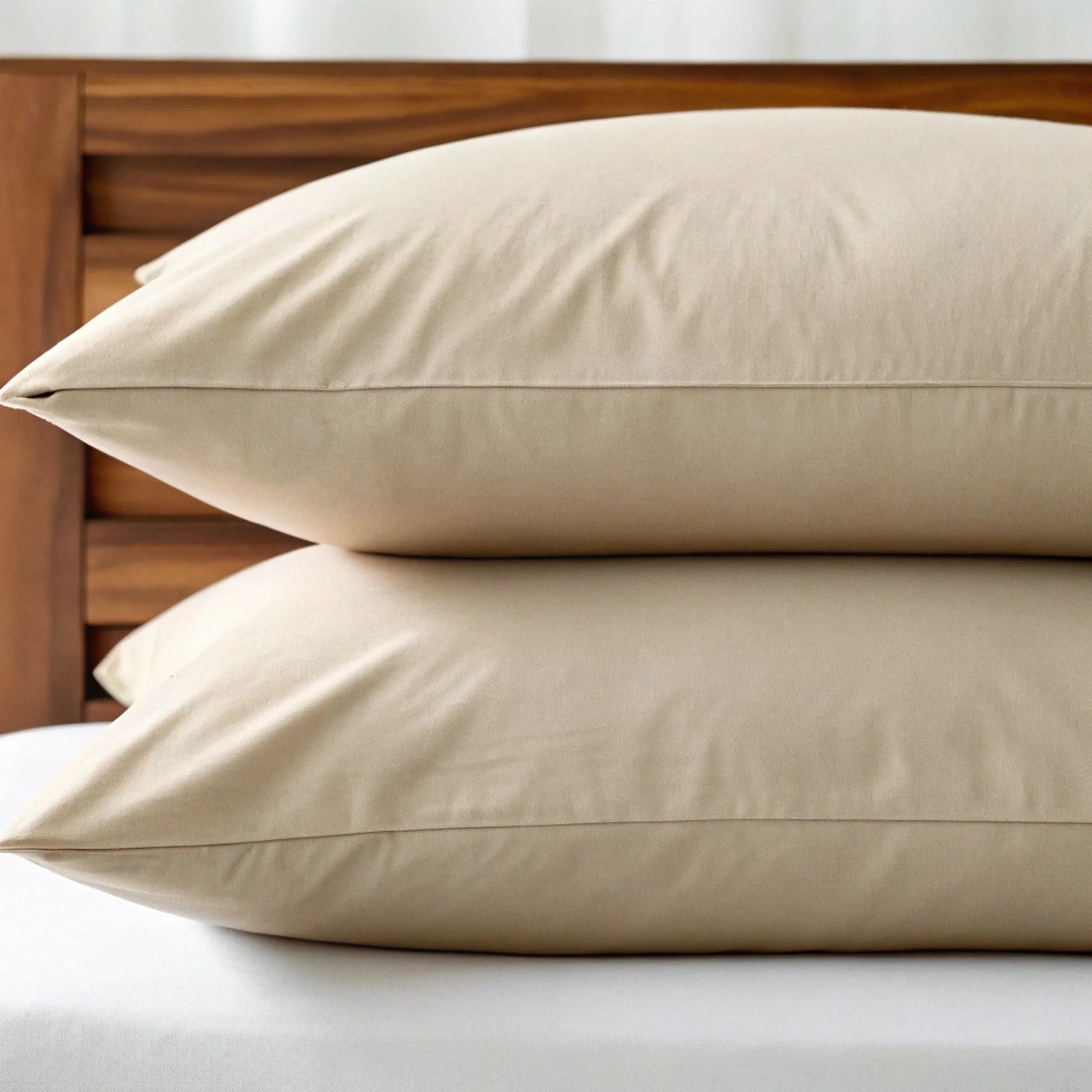 Two beige pillows stacked on a bed with a wooden headboard.