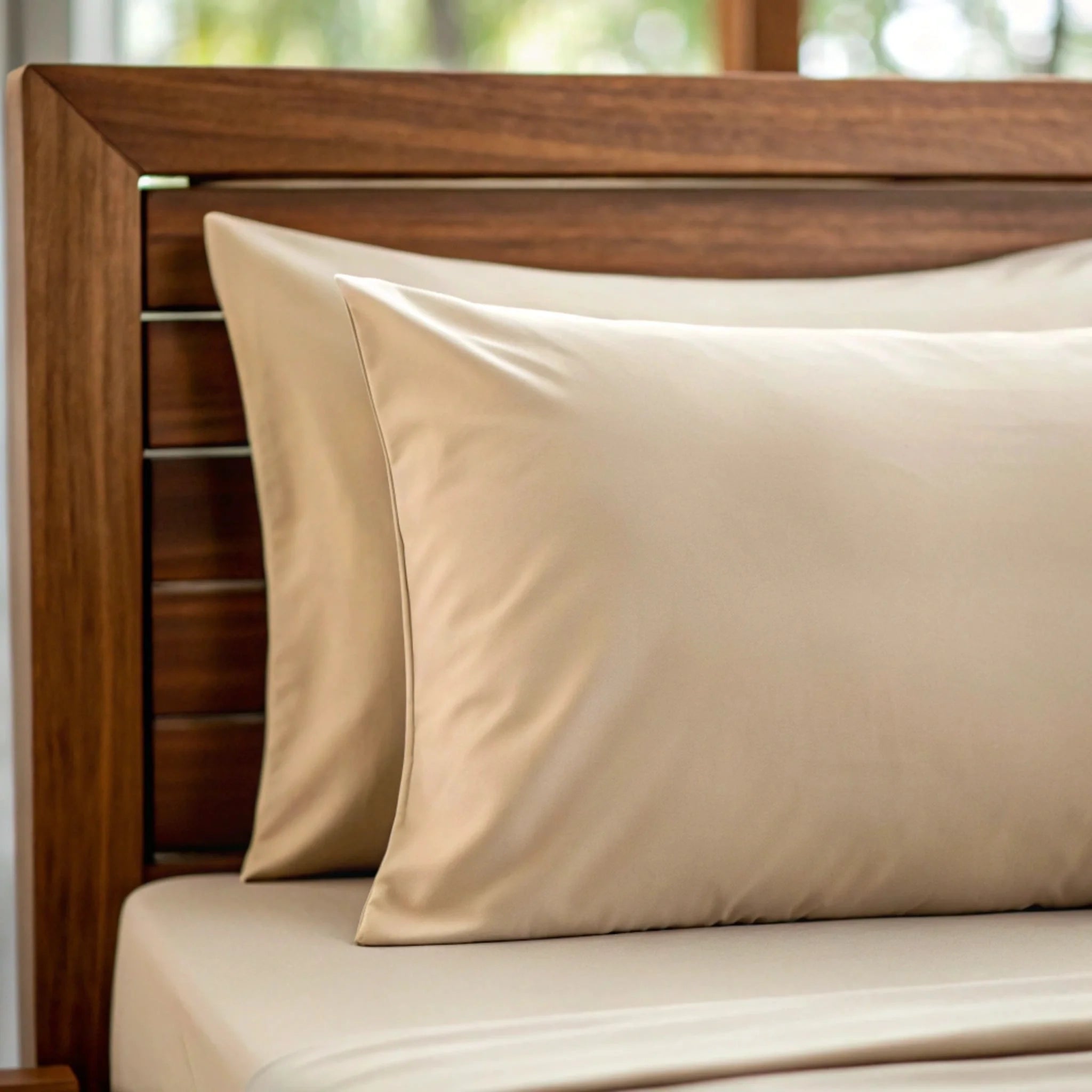 Beige satin pillowcases on a bed with a wooden headboard.