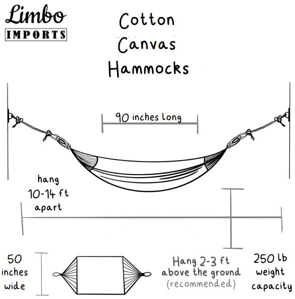 Diagram of a cotton canvas hammock with dimensions and setup instructions, branded as Limbo Imports.