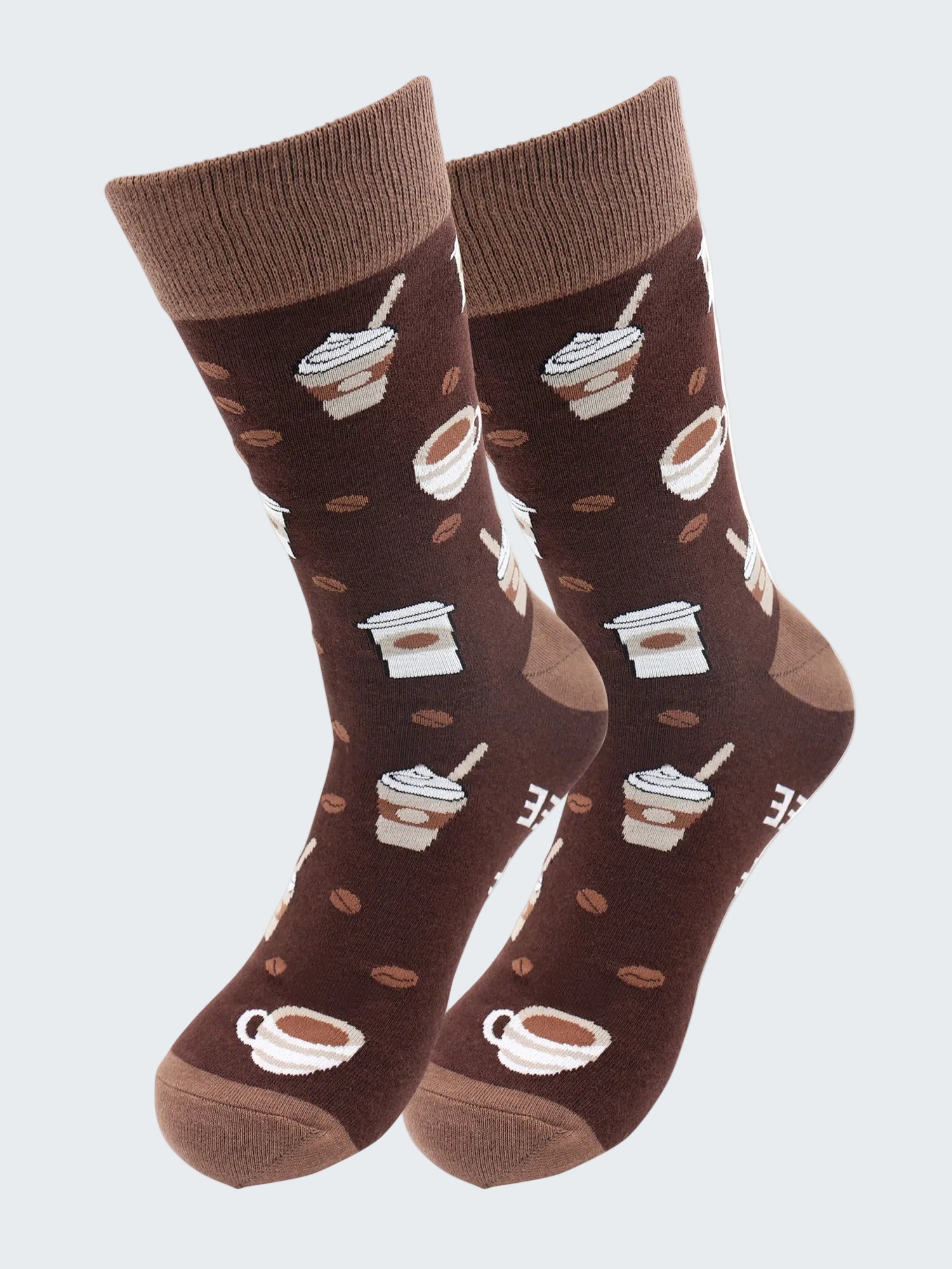 Brown socks with coffee cup and bean pattern on a white background