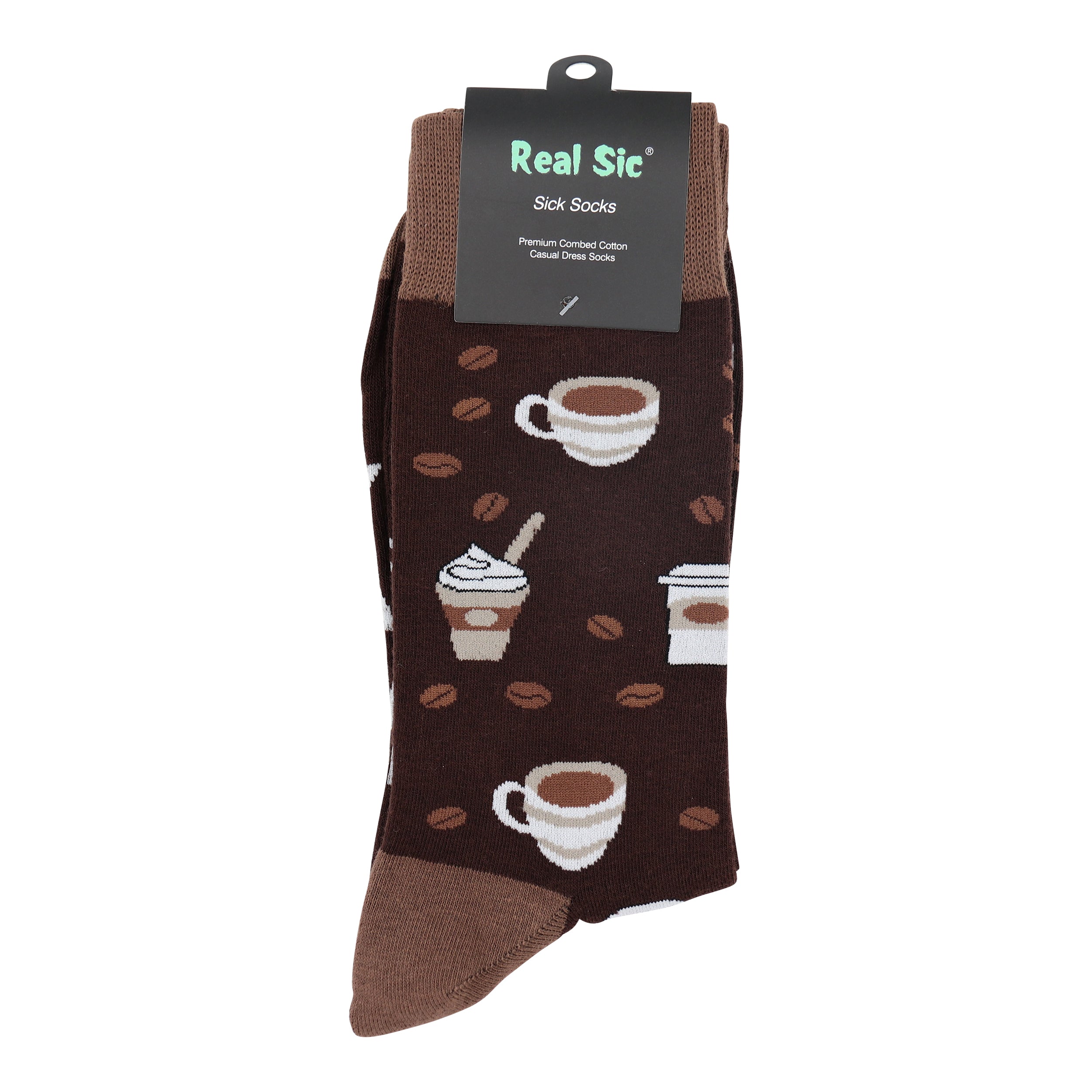 Brown sock with coffee-themed design and 'Real Sic' label on a white background