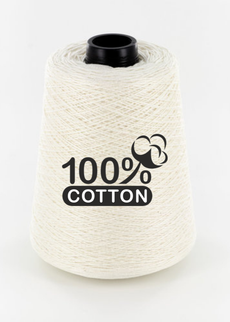 Spool of white cotton thread with '100% Cotton' label on a white background