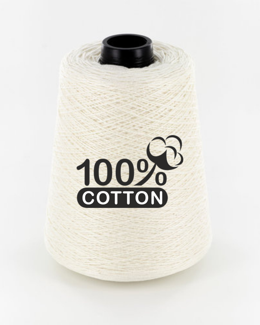 Spool of white cotton thread with '100% Cotton' label on a white background