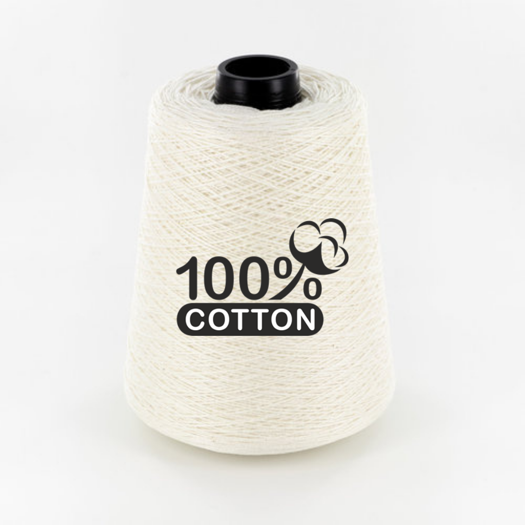 Spool of white cotton thread with '100% Cotton' label on a white background