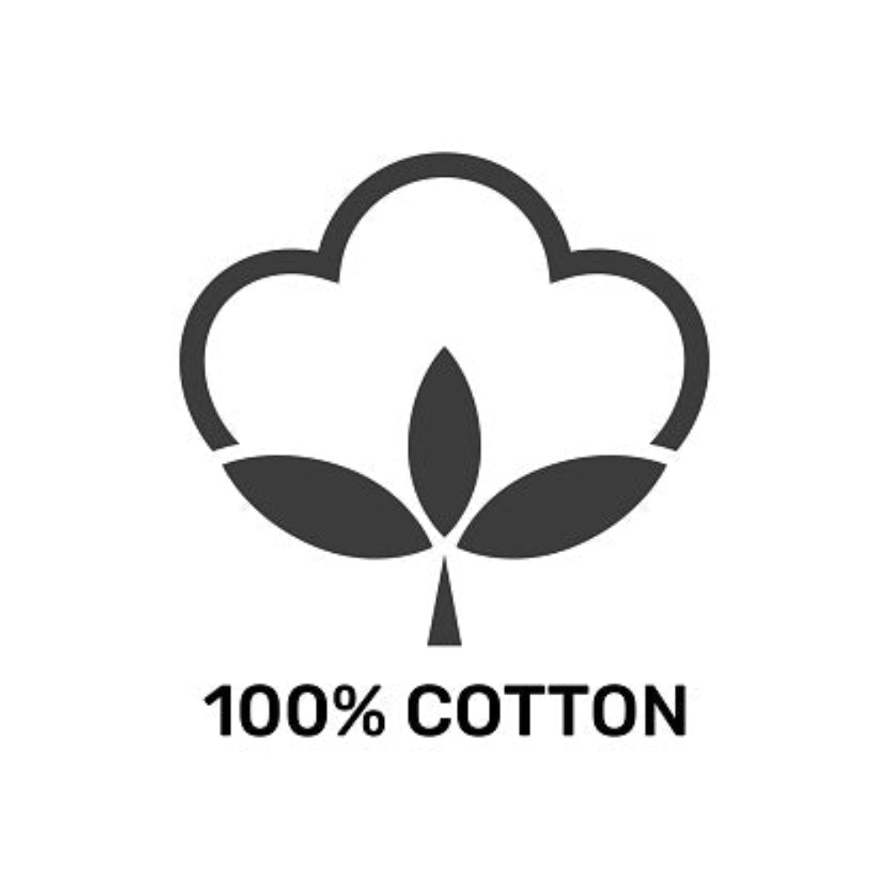 Black '100% Cotton' logo with leaves on a white background