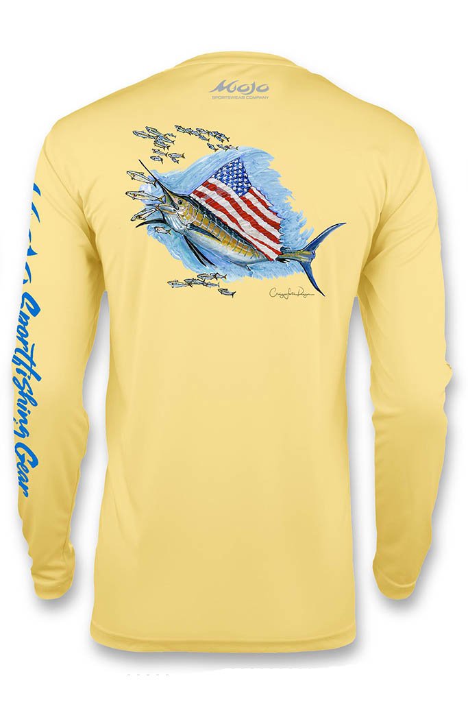 Yellow long-sleeve shirt with fish and American flag design on a white background