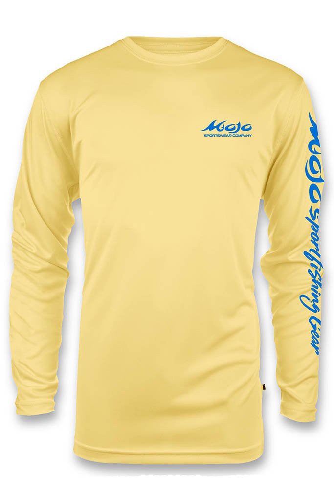 Yellow long-sleeve shirt with blue branding on a white background