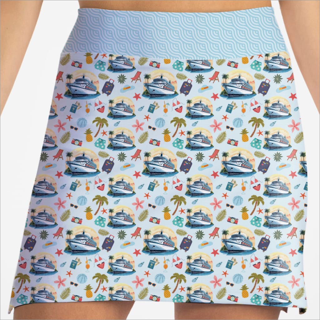 Skirt with cruise ship and summer pattern on a light blue background