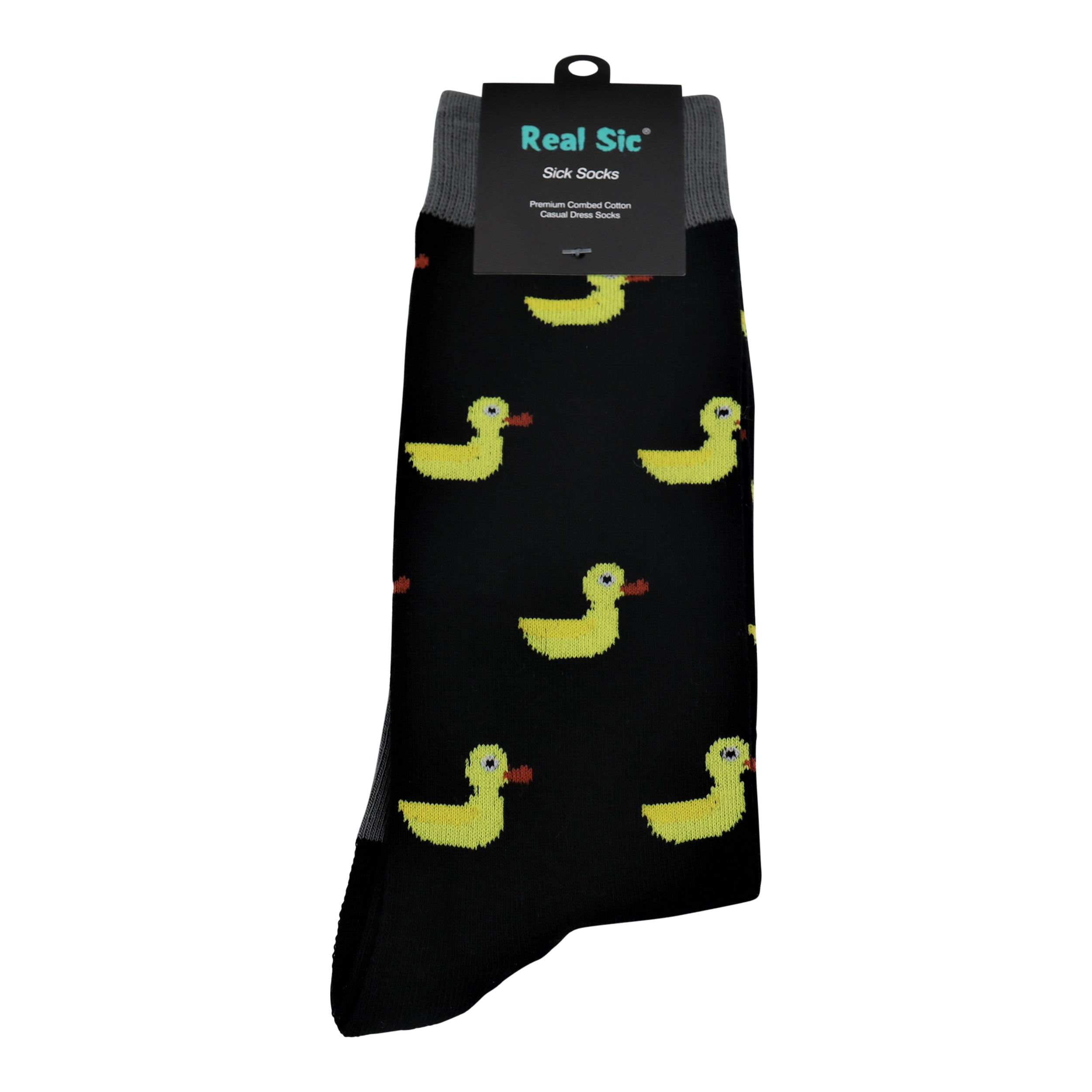 Black sock with yellow duck pattern and 'Real Sic' packaging on a white background