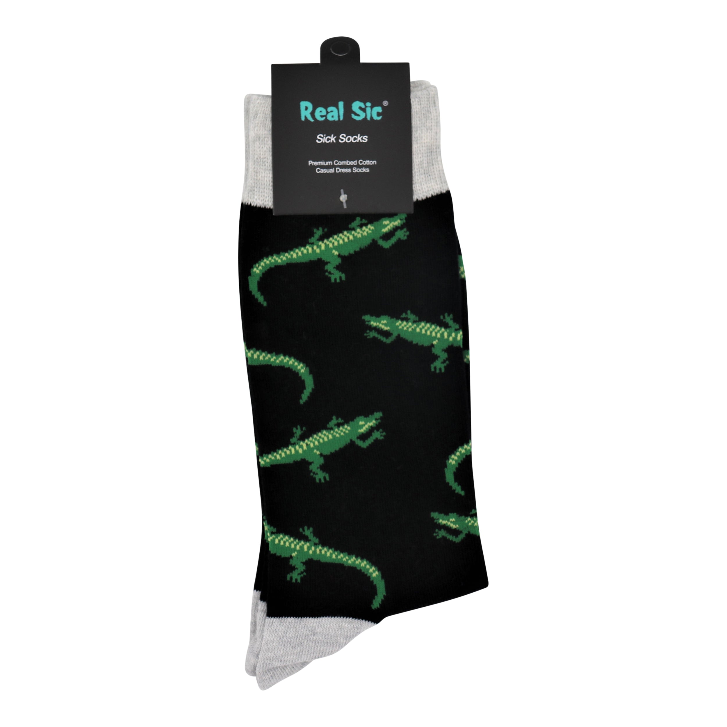 Black sock with green alligator pattern and 'Real Sic' label on a white background
