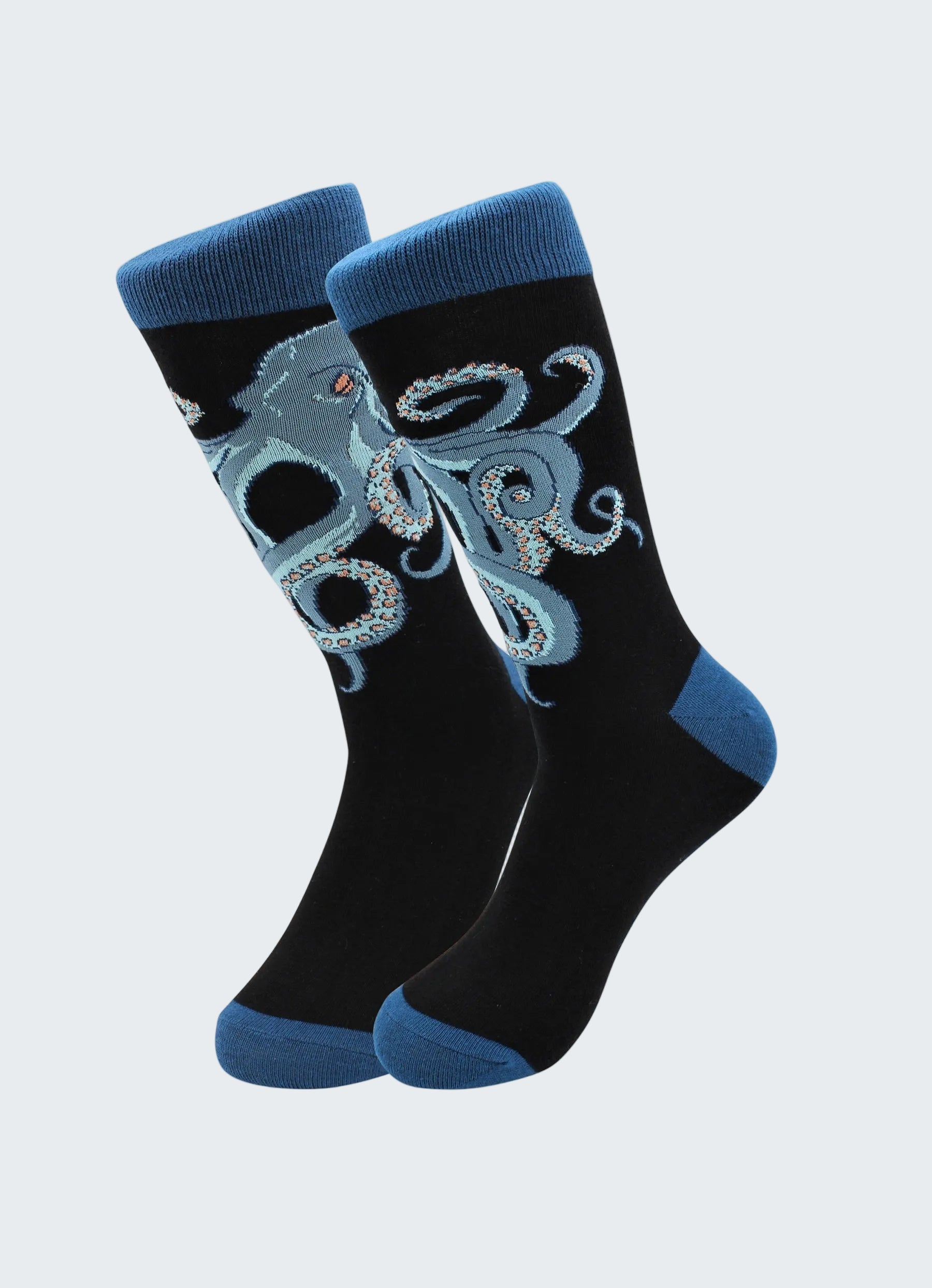 Black socks with blue accents and octopus design on a white background