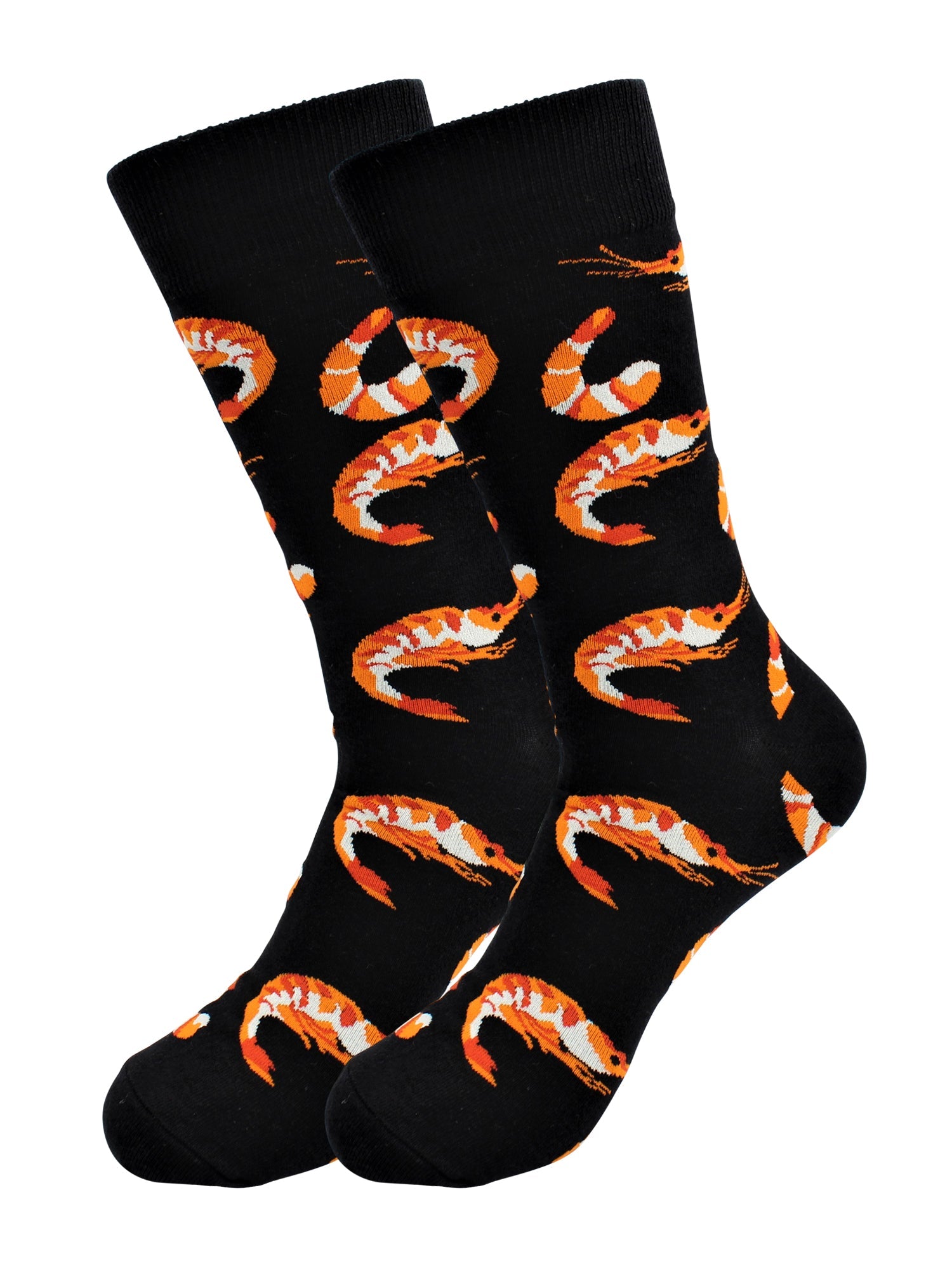 Black socks with orange shrimp pattern on a white background