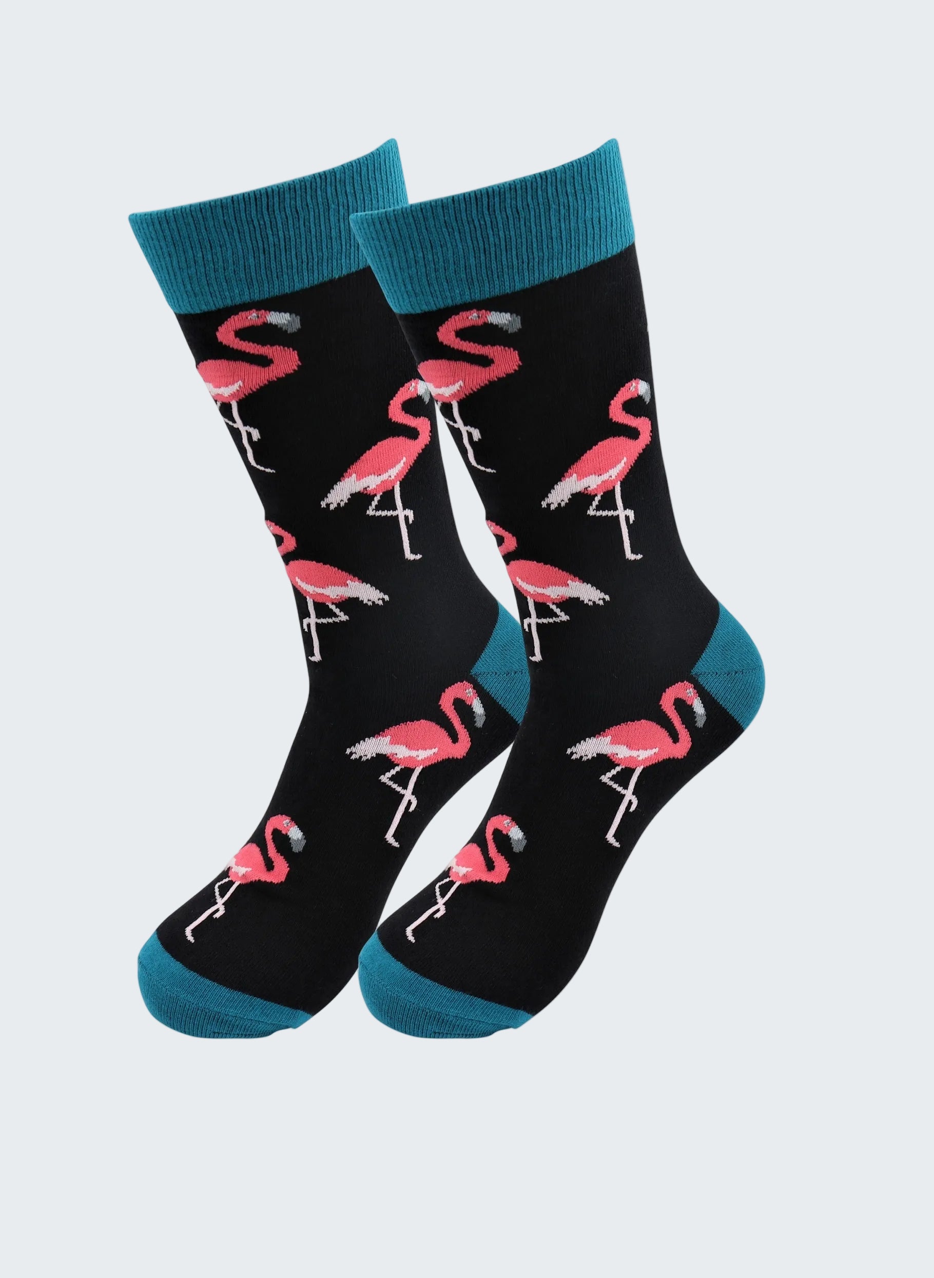 Black socks with pink flamingo design on a white background