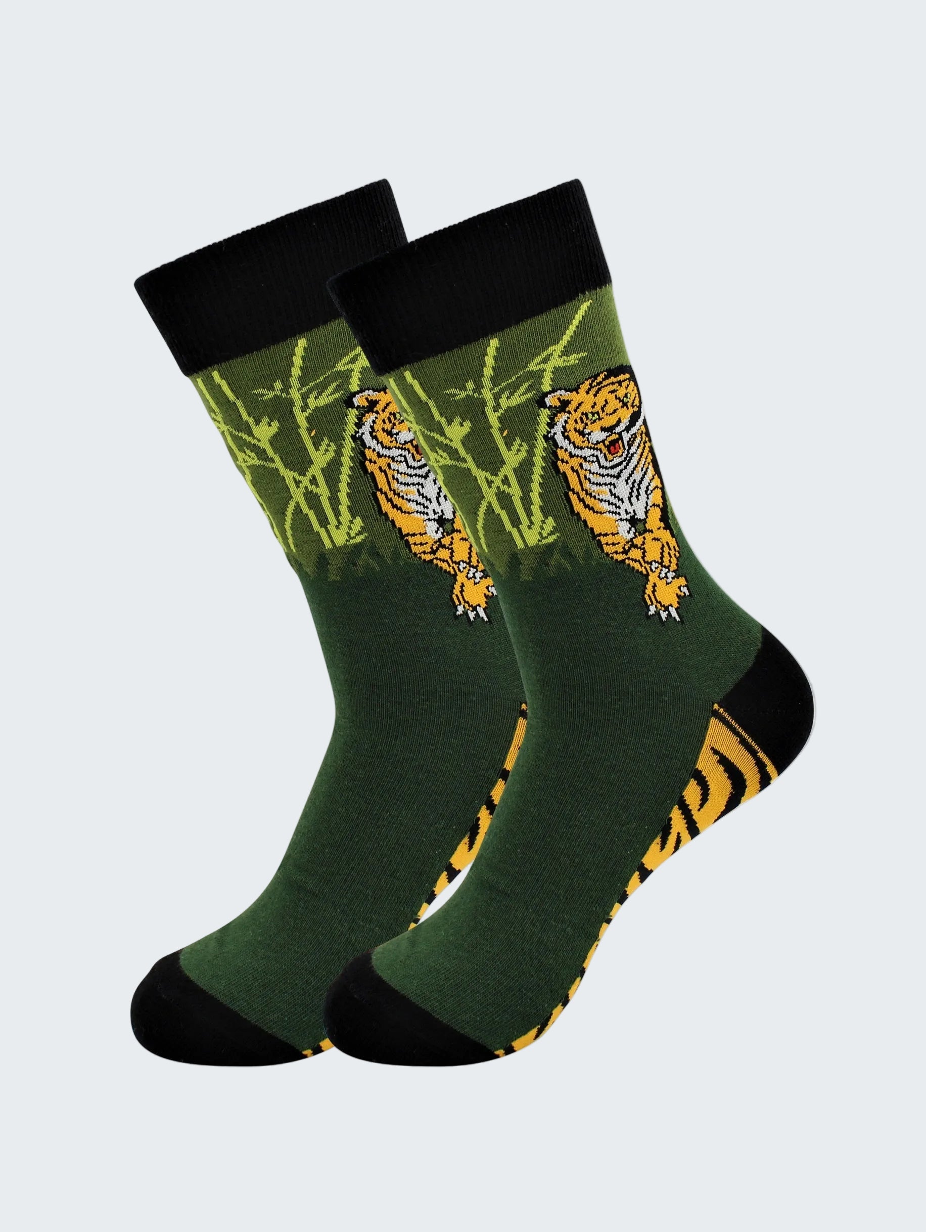 Green socks with tiger design on a white background