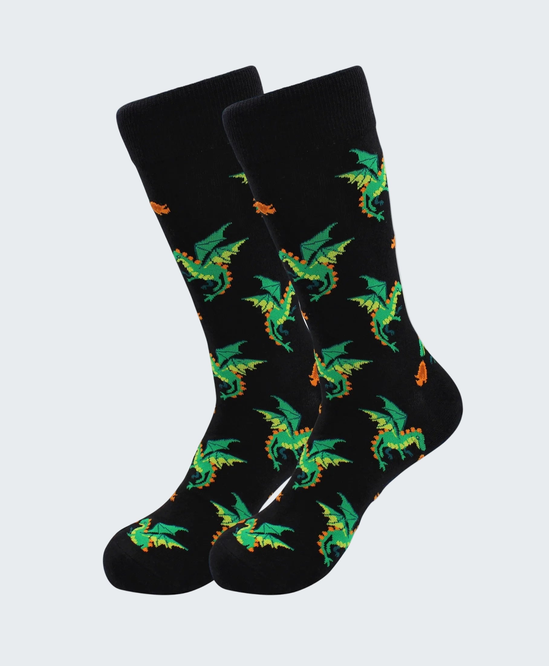 Black socks with green dragon pattern on a white background
