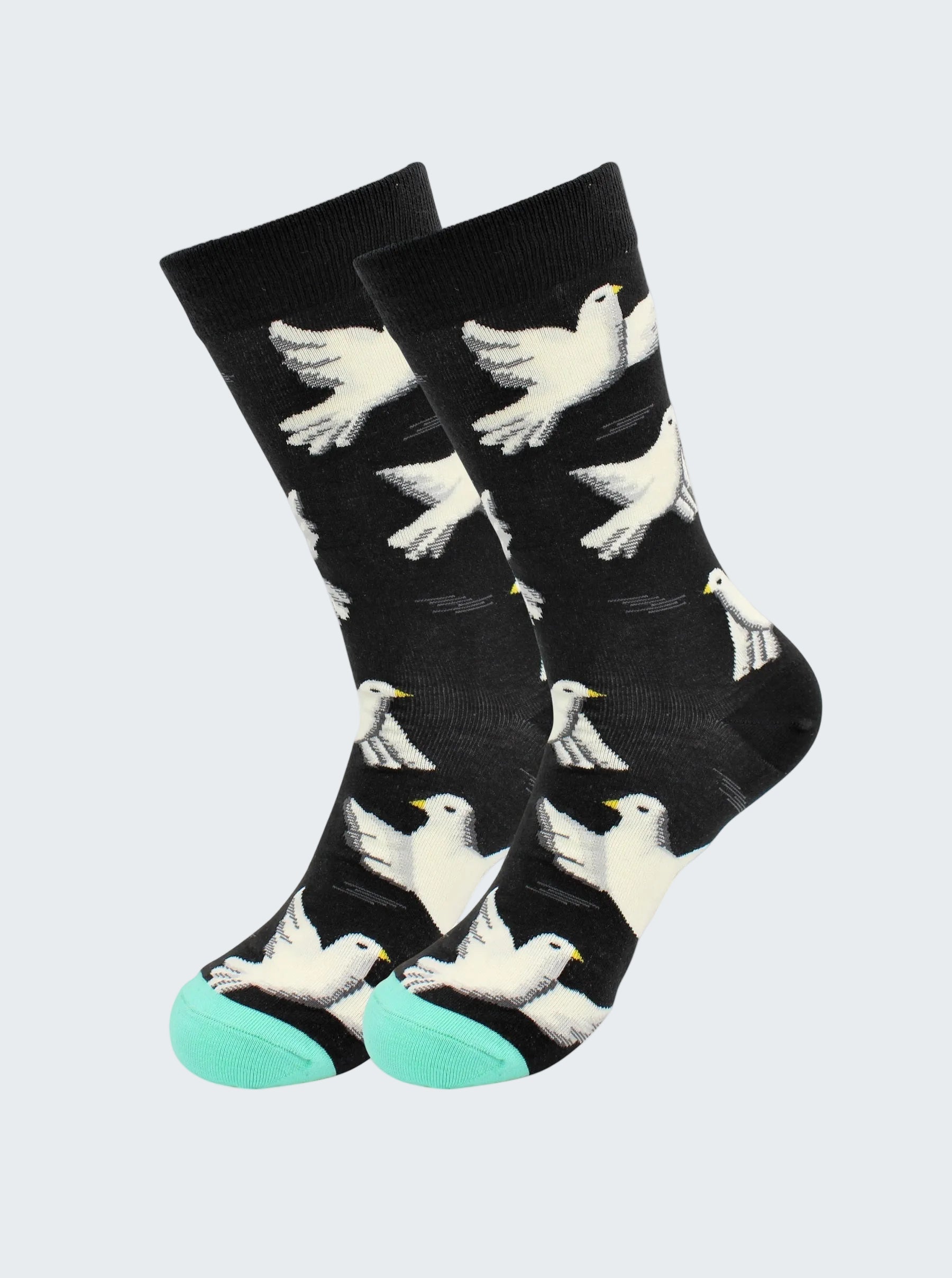 Black socks with white bird pattern on a white background