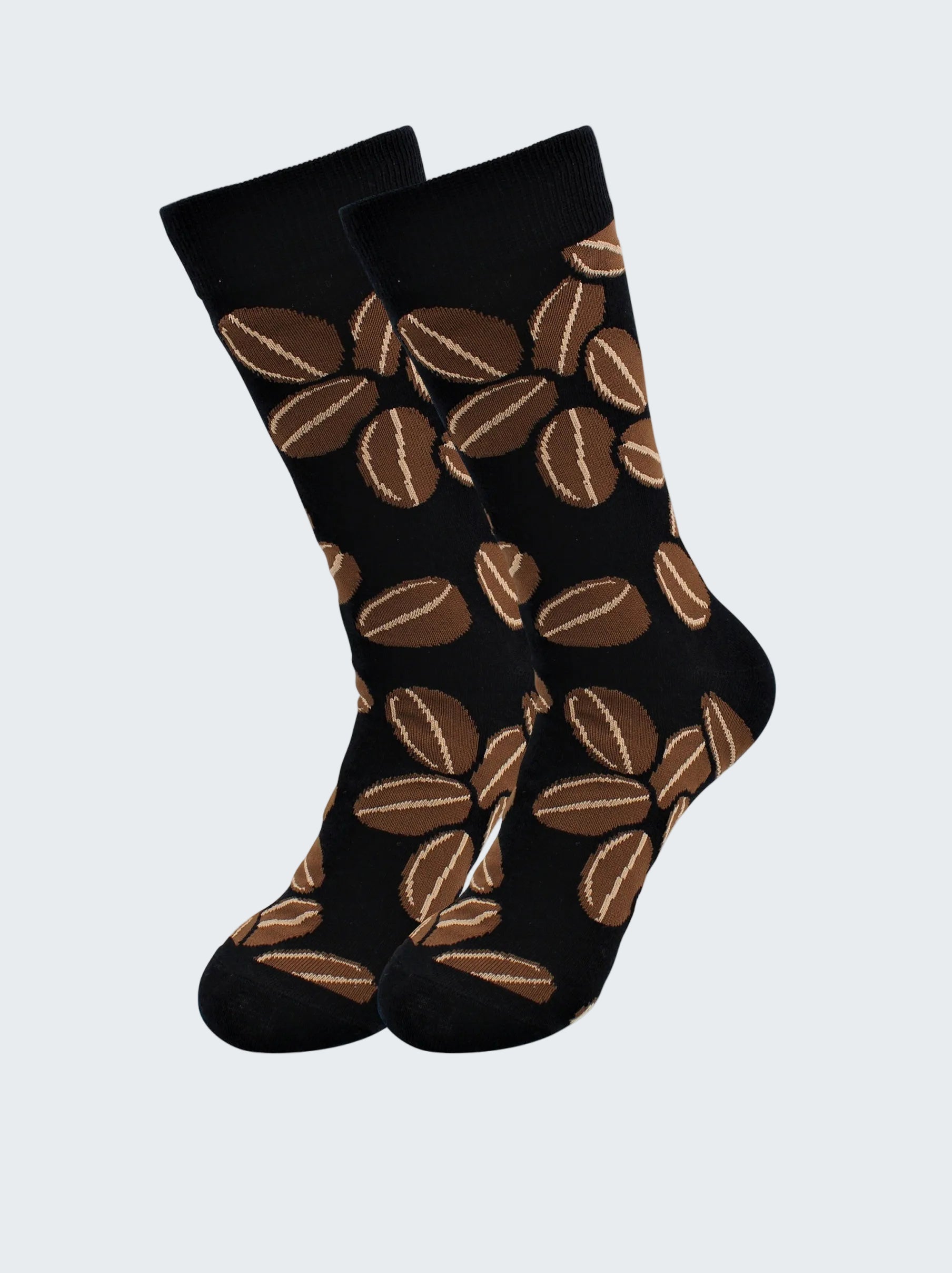Black socks with brown coffee bean pattern on a white background