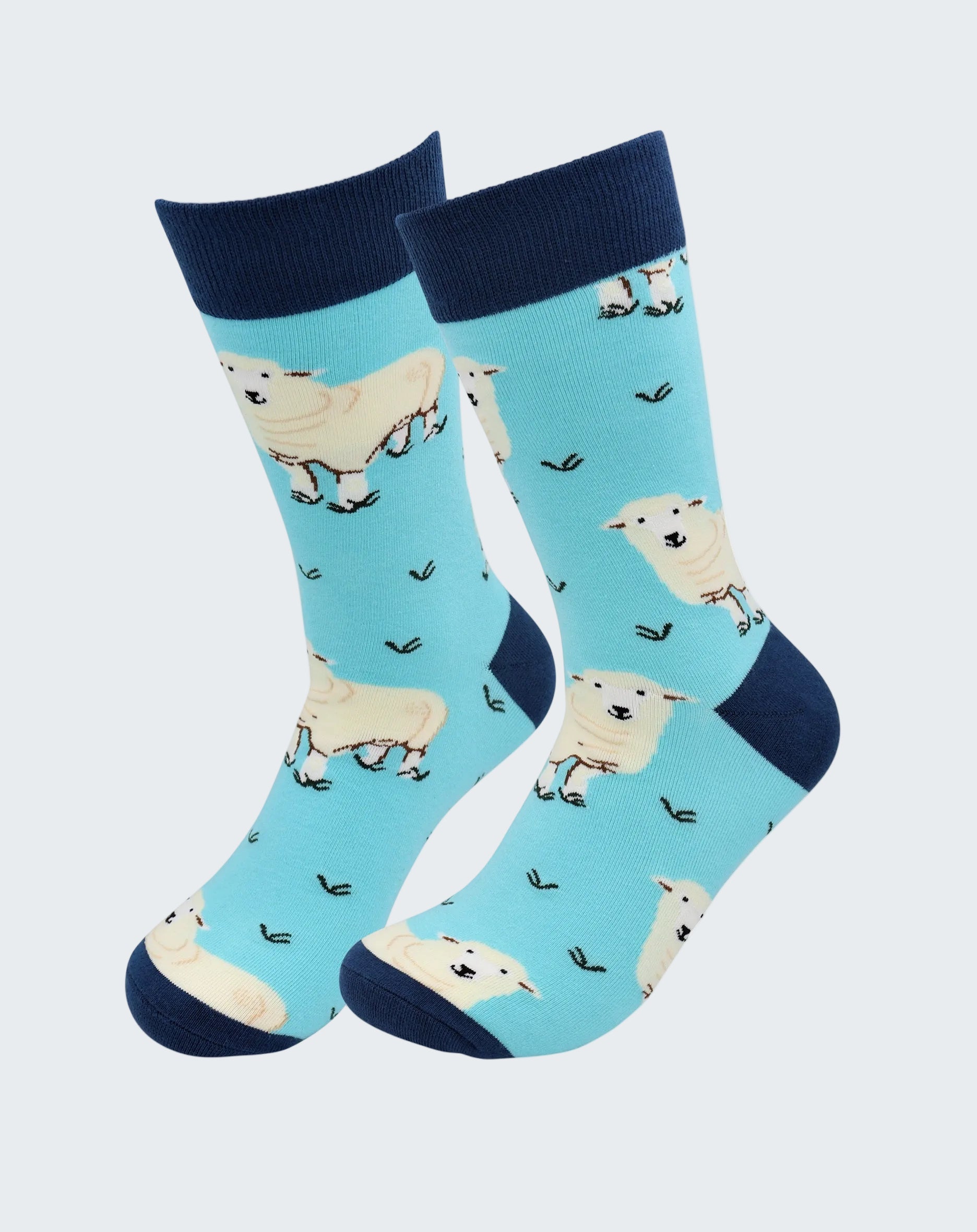 Pair of socks with sheep pattern on a blue background