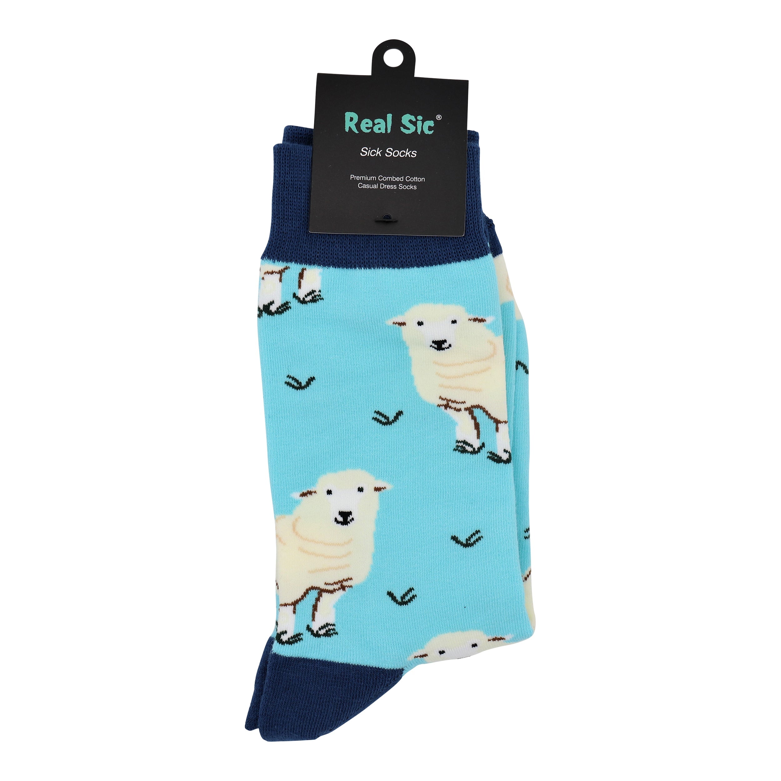 Sock with sheep pattern on a blue background, brand 'Real Sic' visible