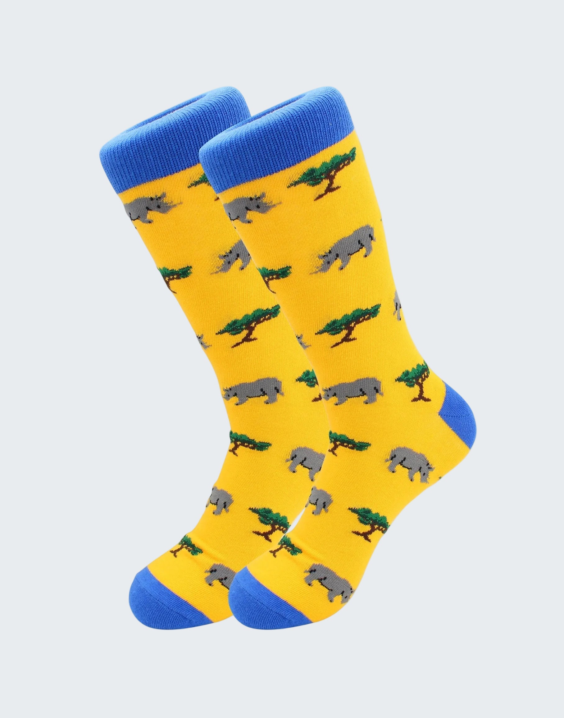 Yellow socks with rhino pattern and blue toes and cuffs on a white background