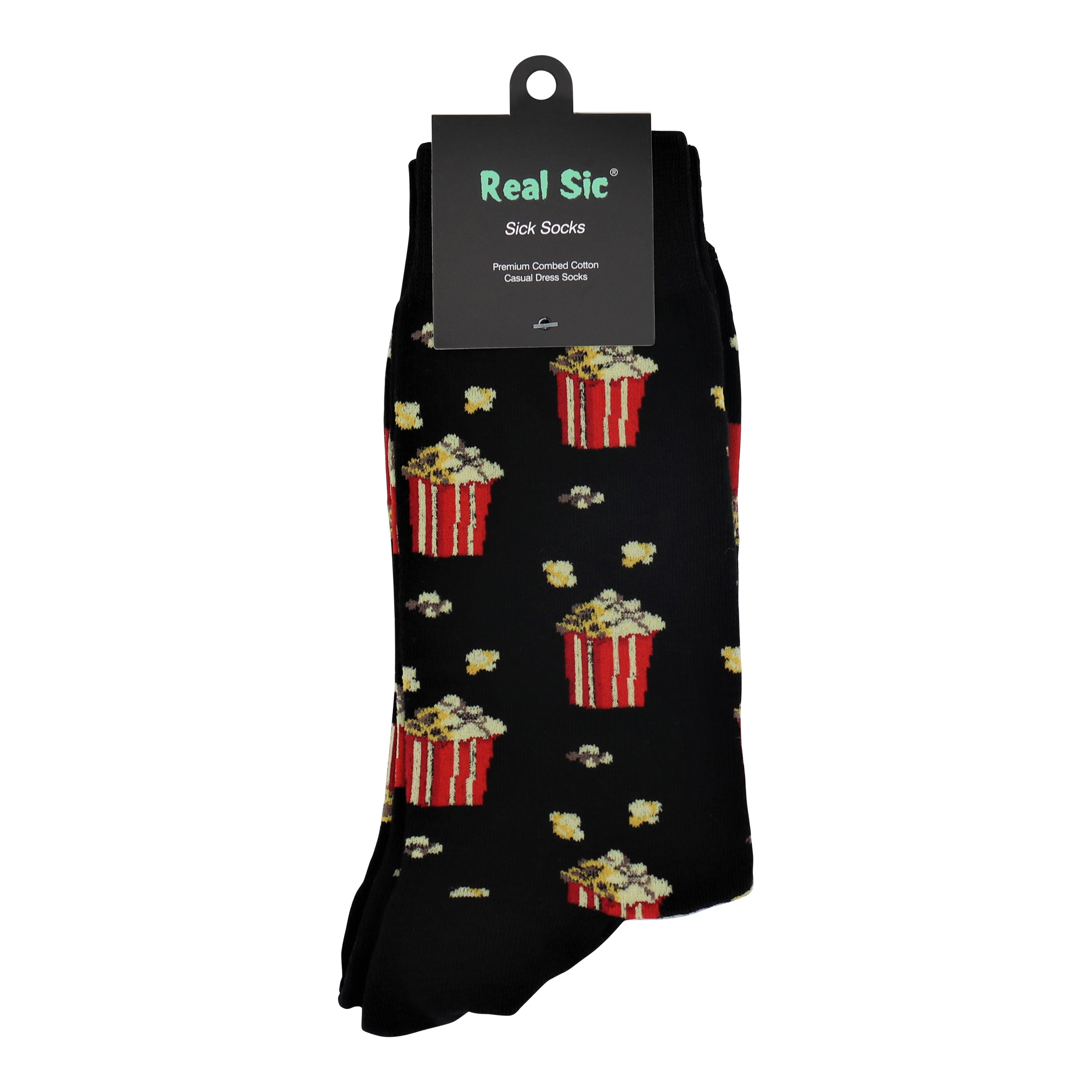 Black sock with popcorn and bucket pattern, branded 'Real Sic', on a white background