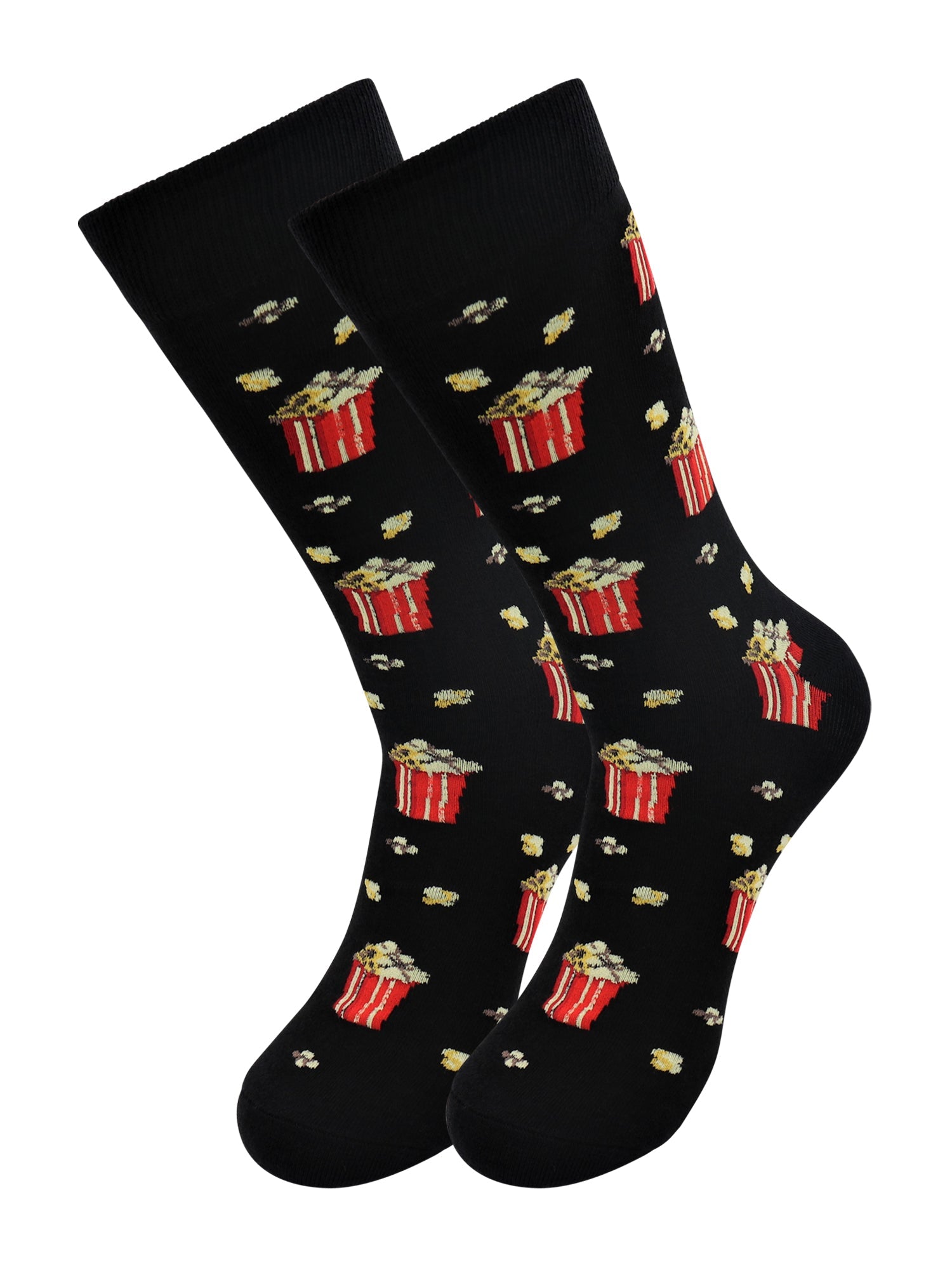 Black socks with popcorn and bucket pattern on a white background
