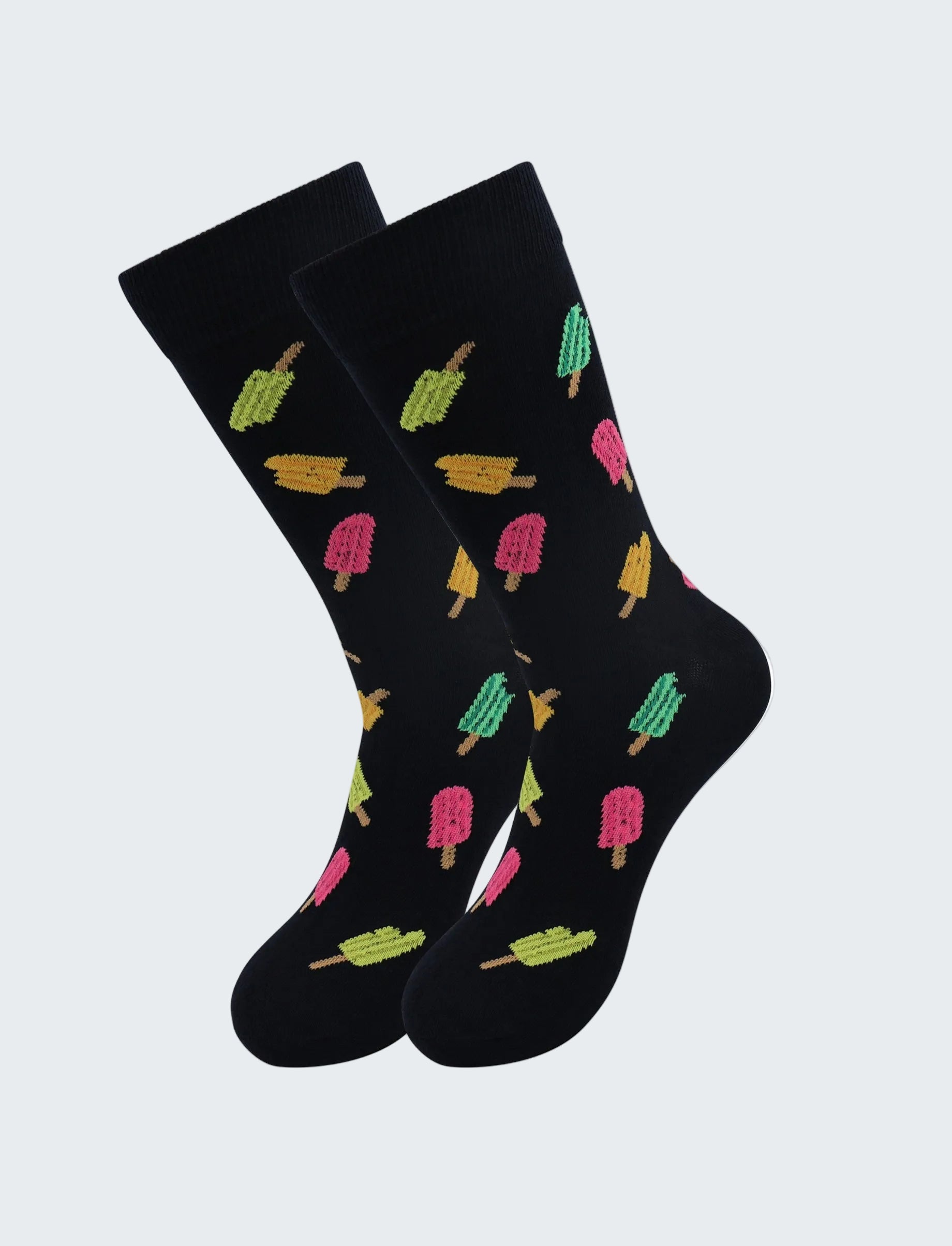 Black socks with colorful popsicle pattern on a white background