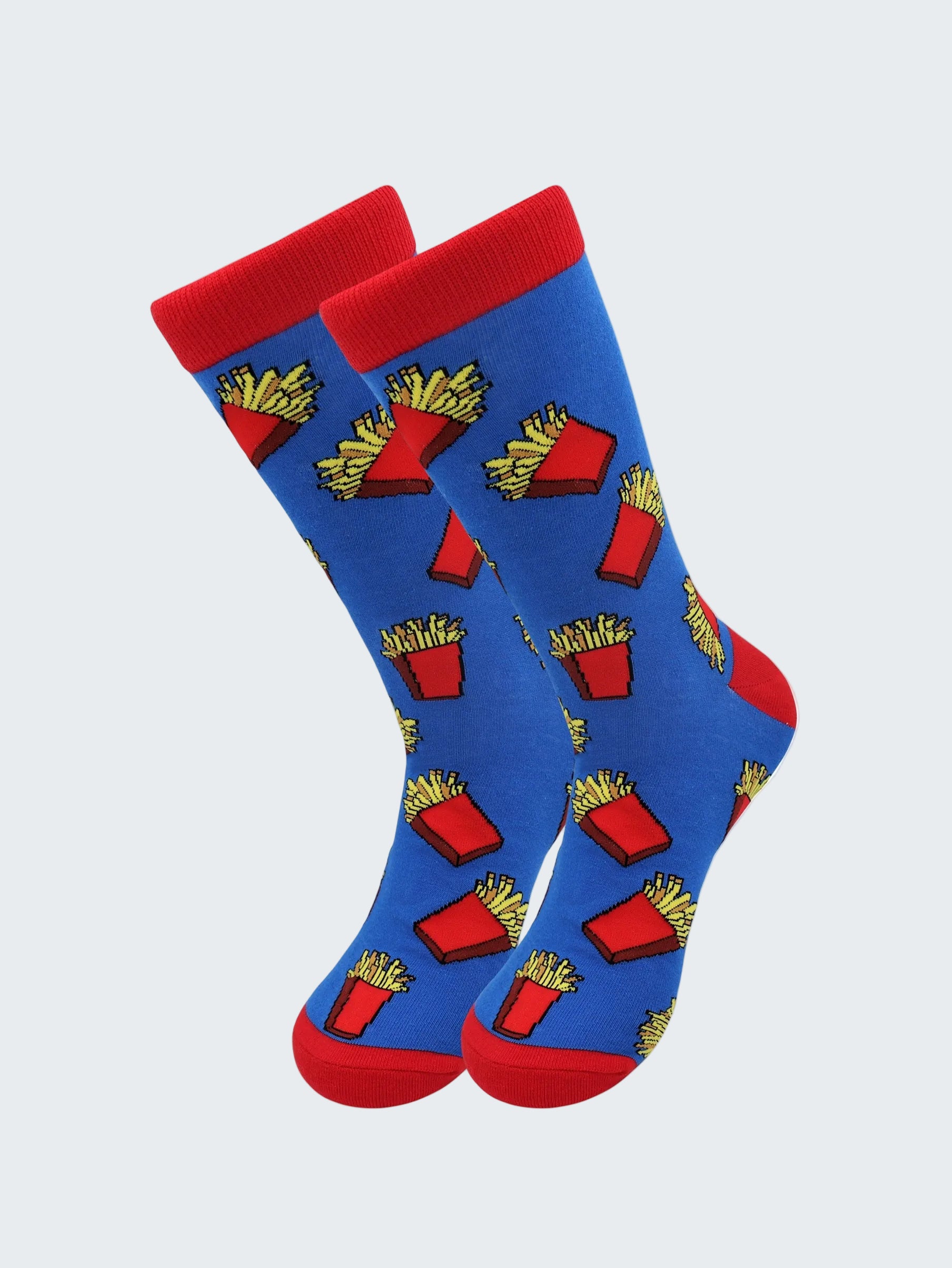 Blue socks with red accents and french fry pattern on a white background