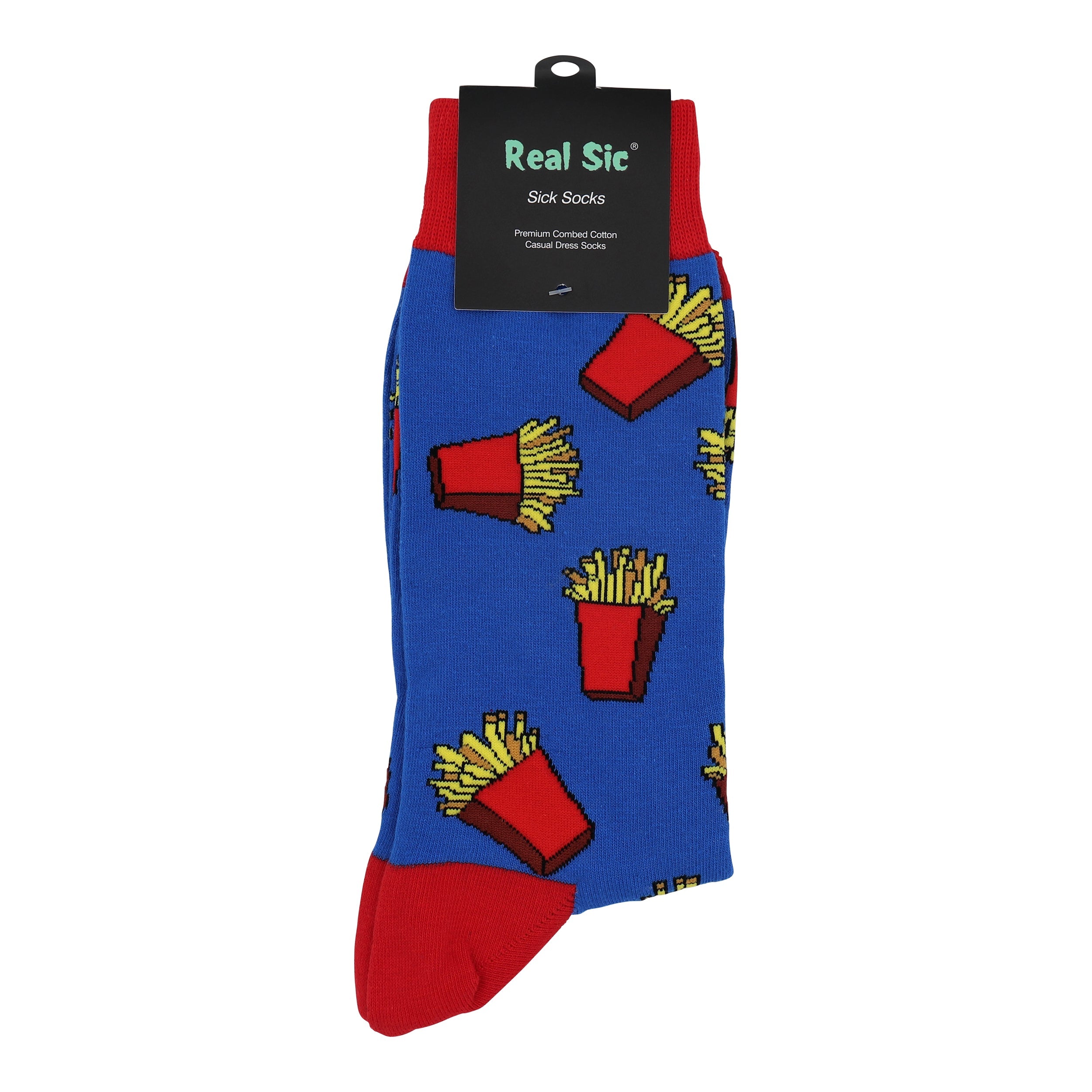 Blue sock with french fry pattern and 'Real Sic' packaging on a white background