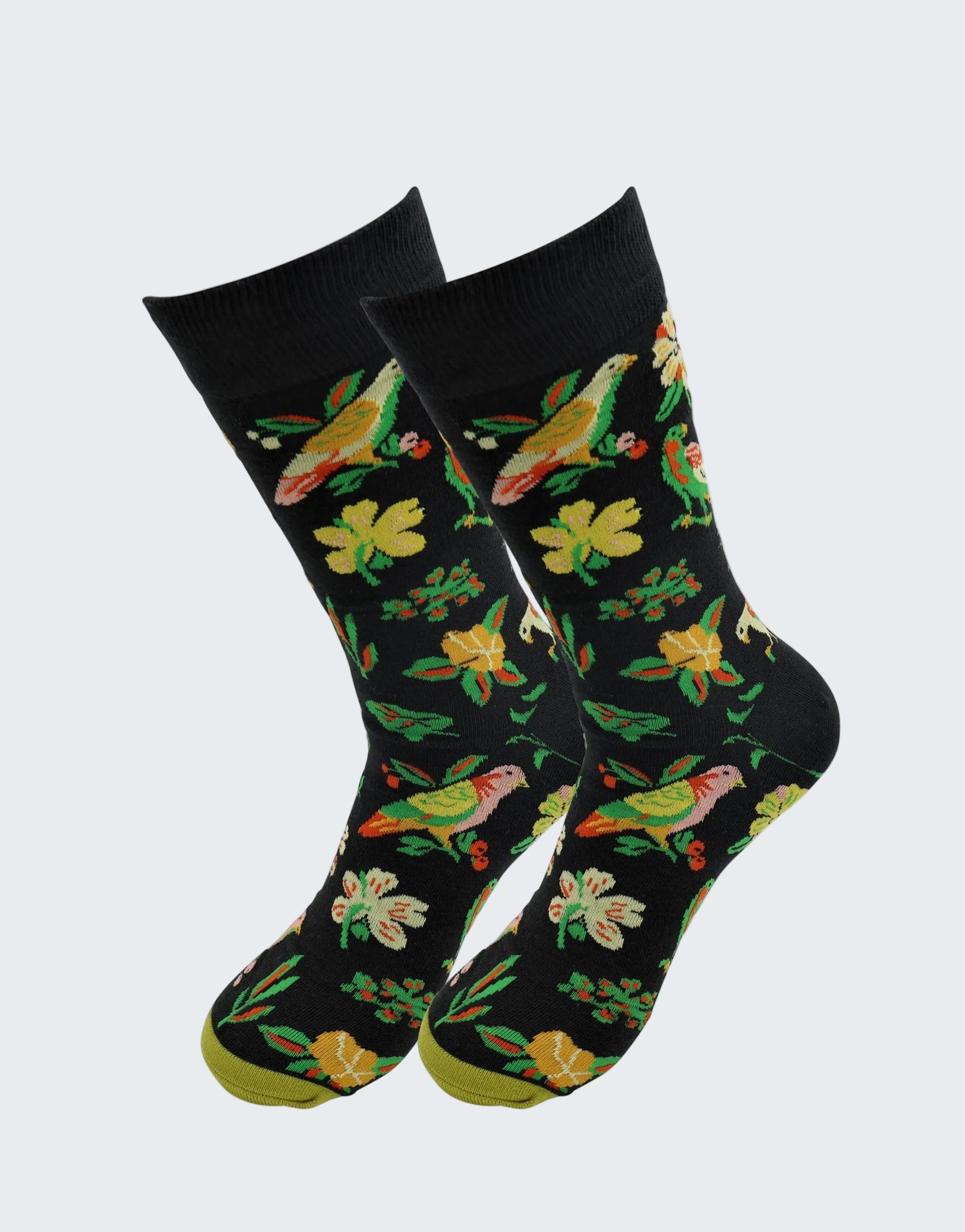 Black socks with colorful parrot and flower pattern on a white background