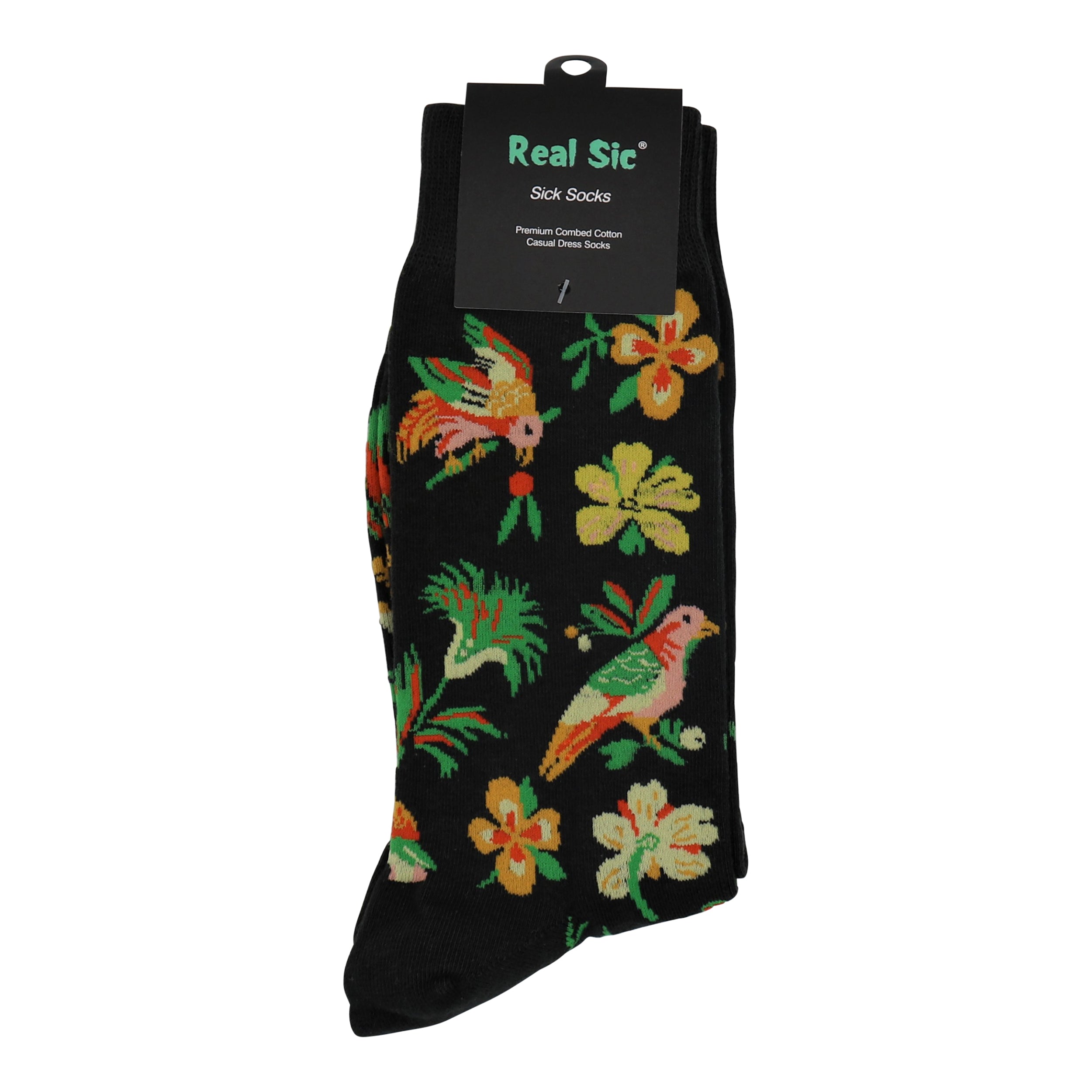 Black sock with colorful floral and bird pattern, brand 'Real Sic' visible