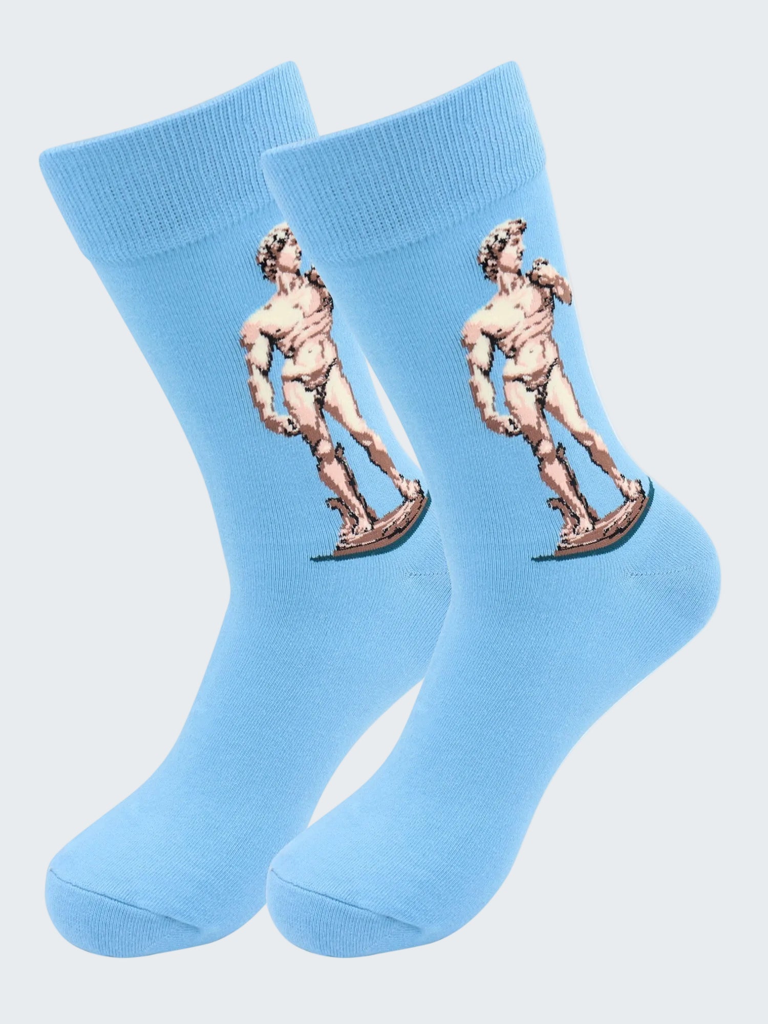 Light blue socks with a statue design on a white background