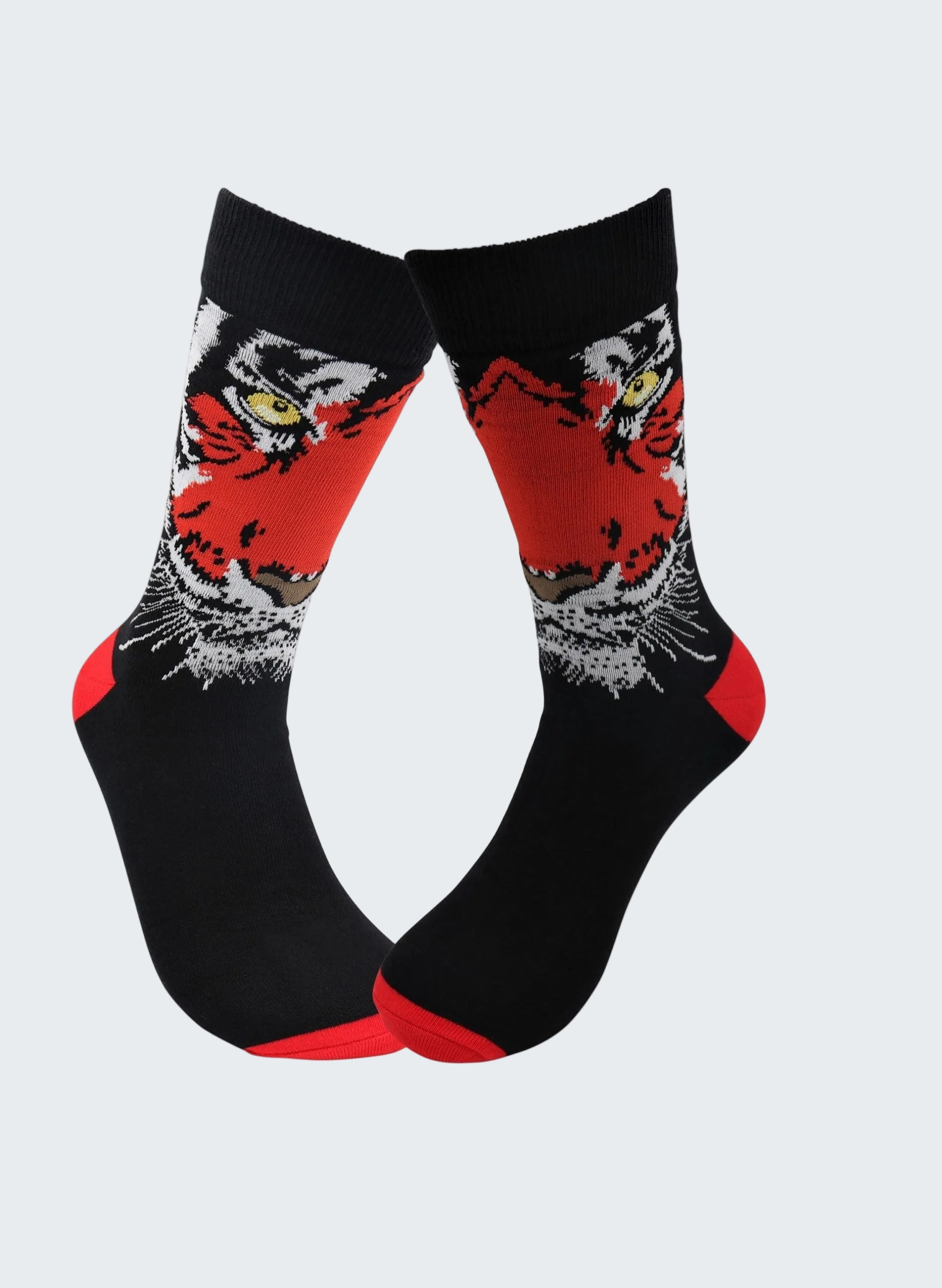 Black socks with red and white tiger design on a white background