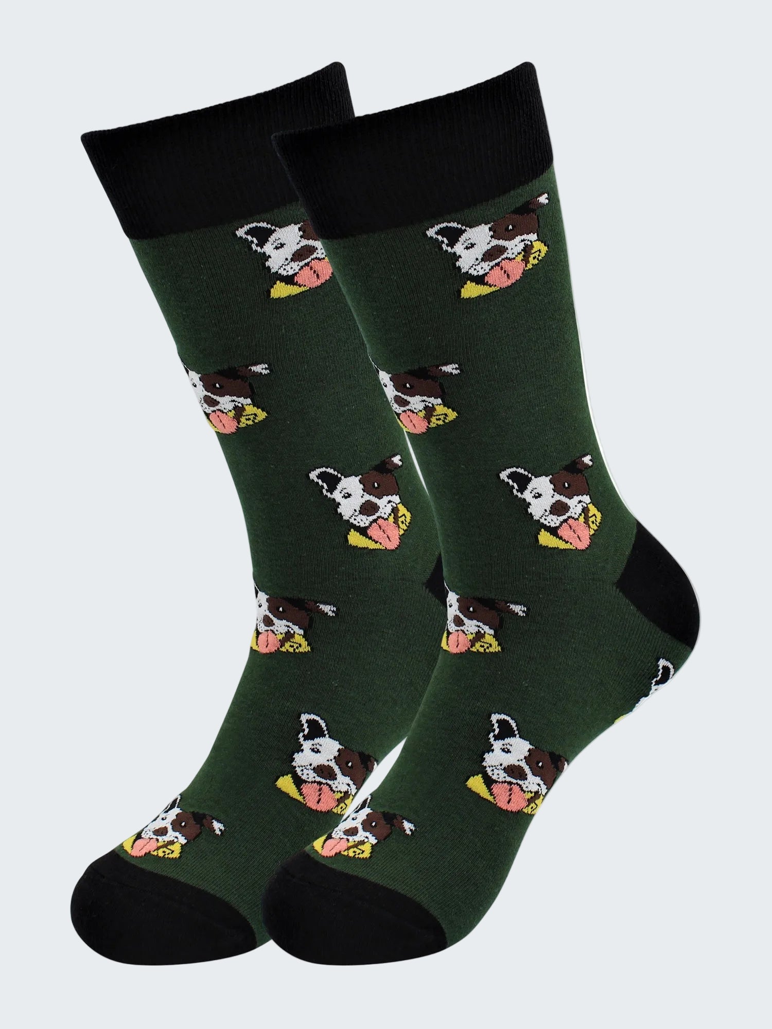 Green socks with cow pattern on a white background