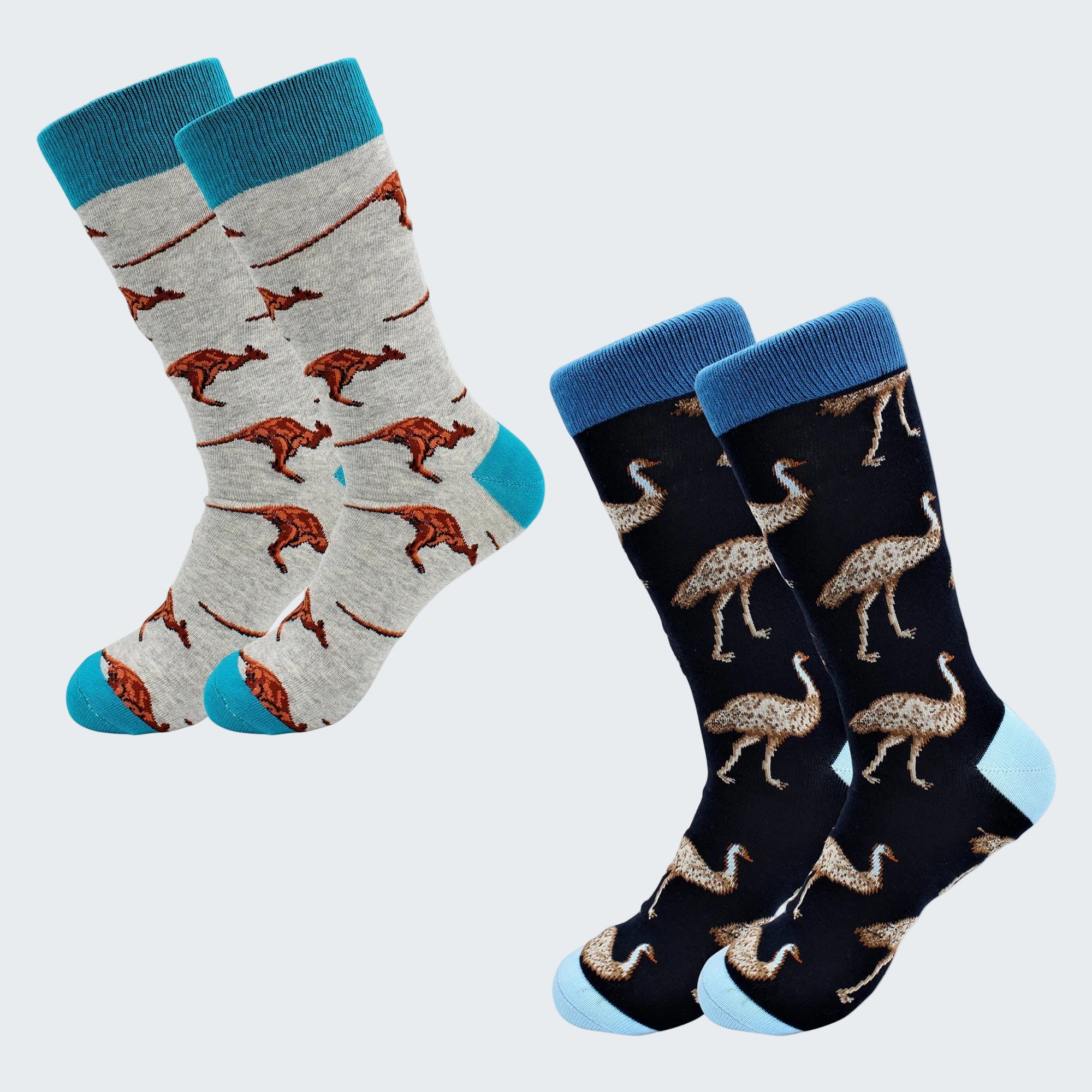 Two pairs of socks with animal patterns on a white background