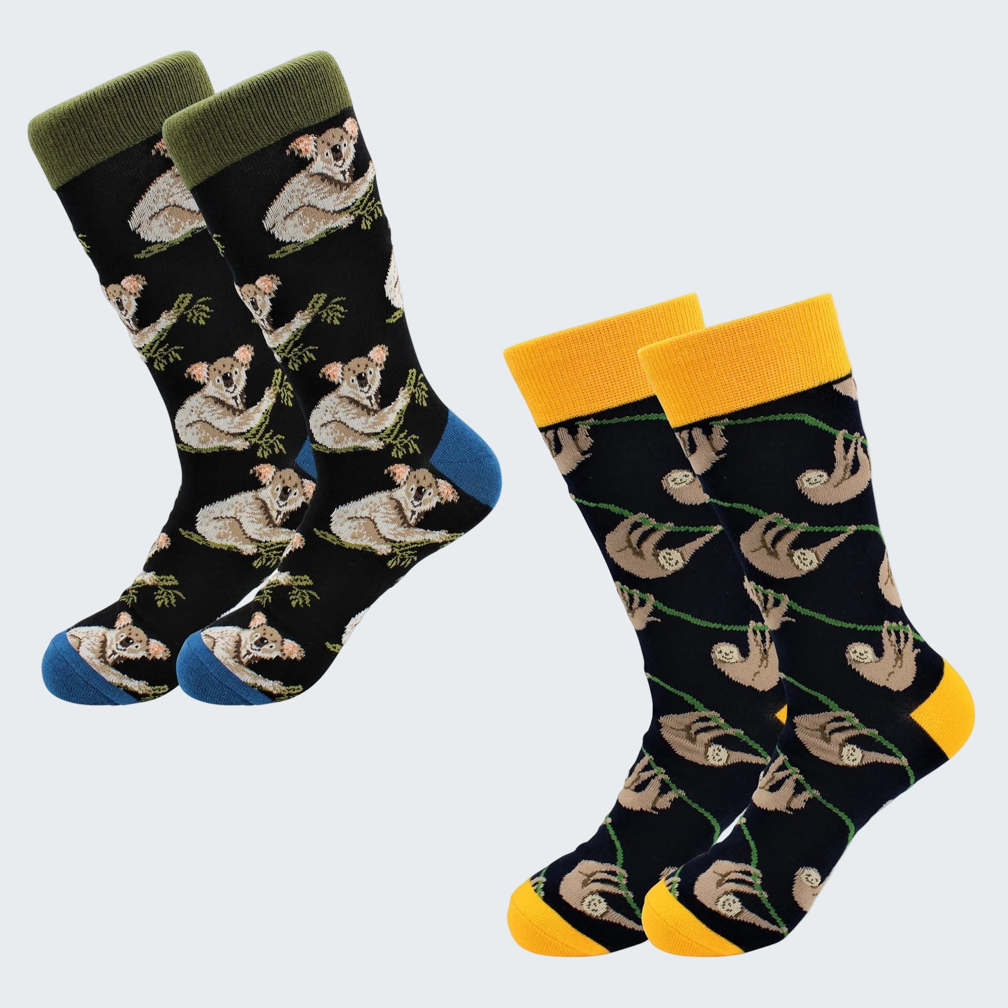 Two pairs of socks with animal patterns on a white background