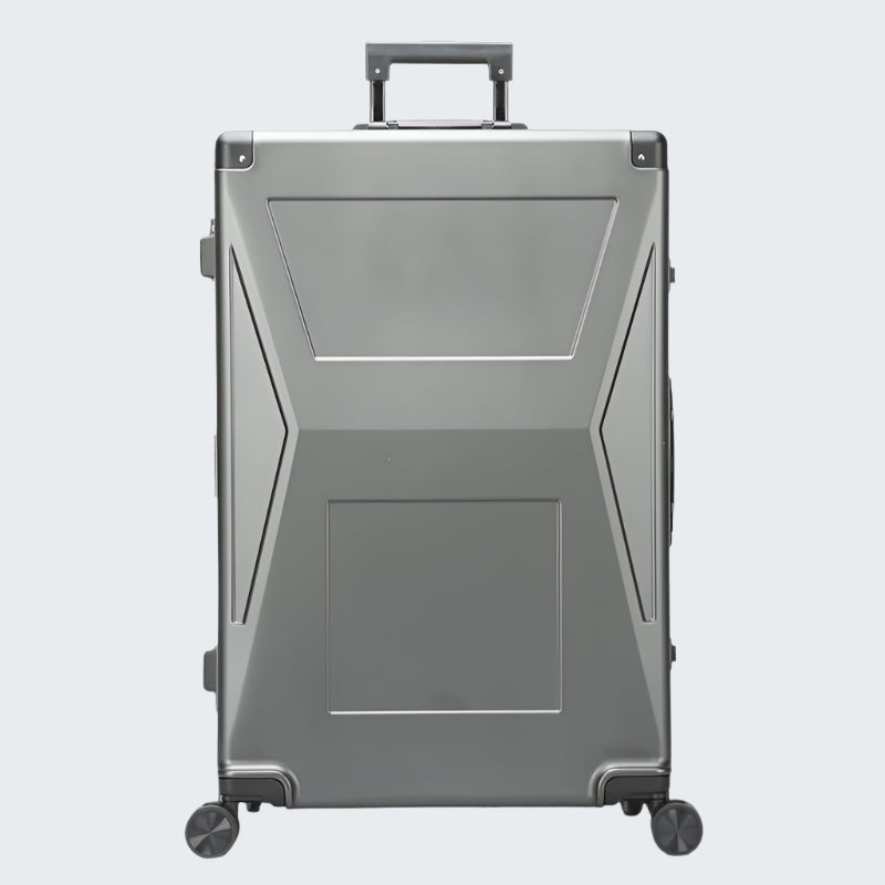 Gray suitcase with a geometric design on a white background