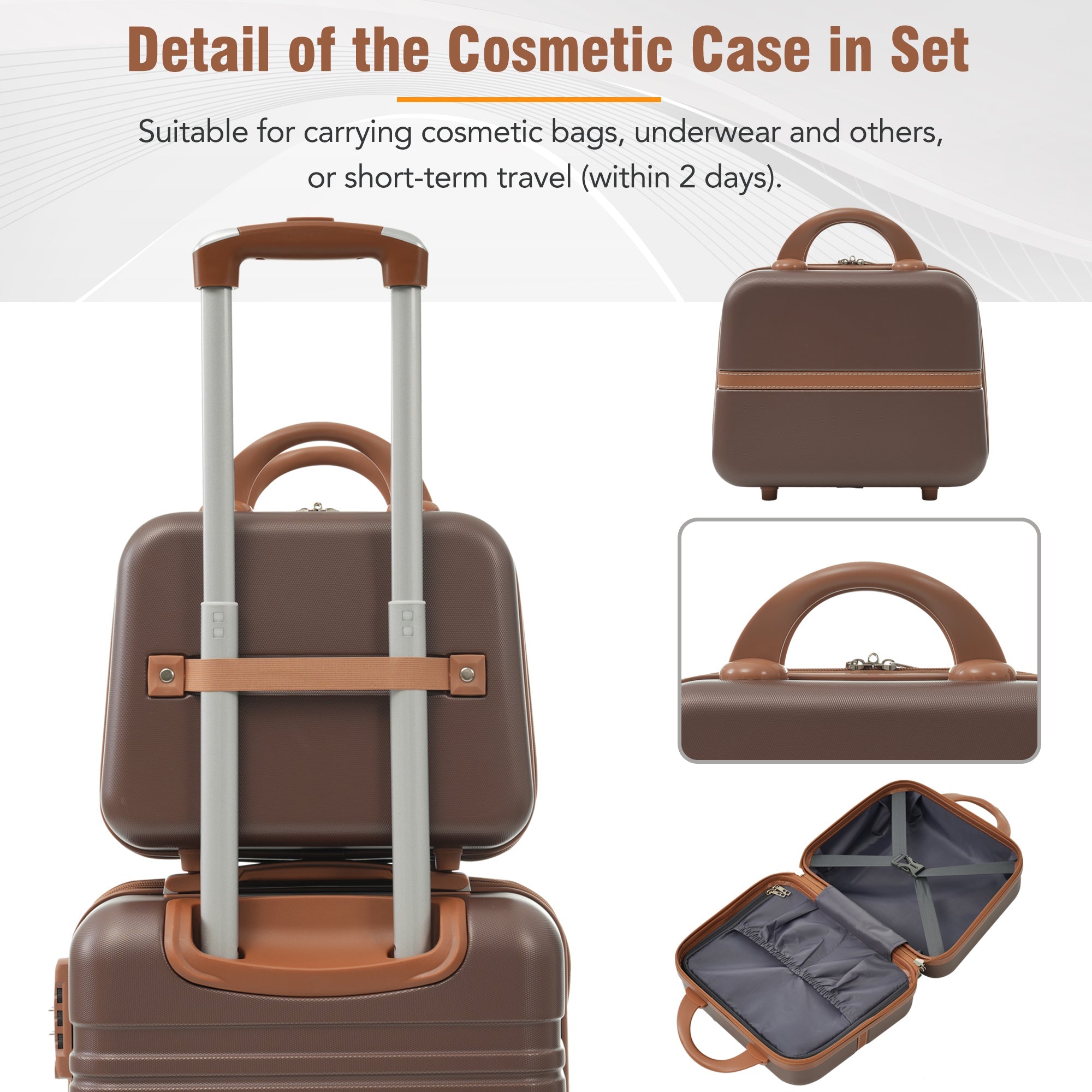 Brown Hardshell Luggage Set and Cosmetic Case Spinner Suitcase with TSA Lock 