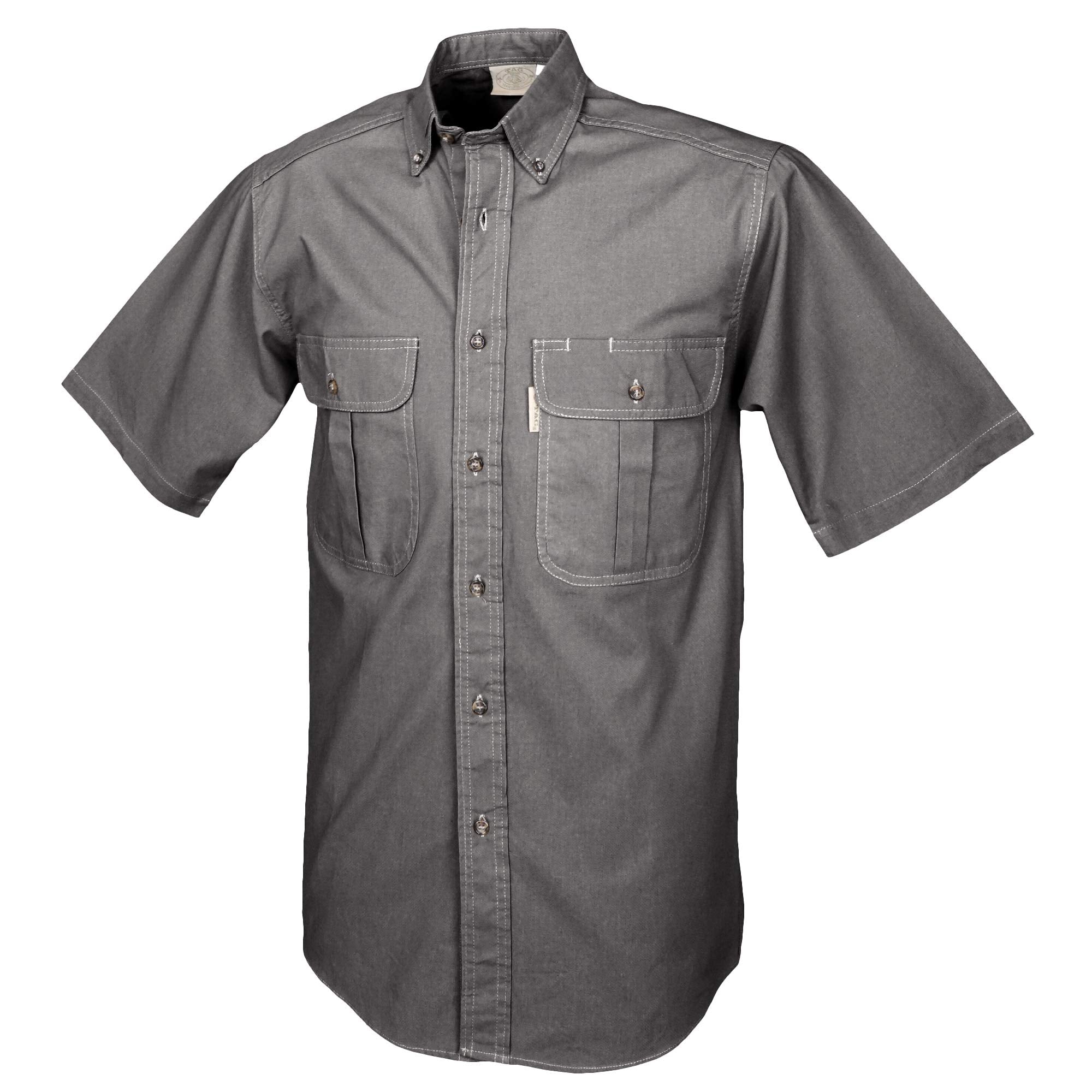 Gray short-sleeve shirt with two front pockets on a white background
