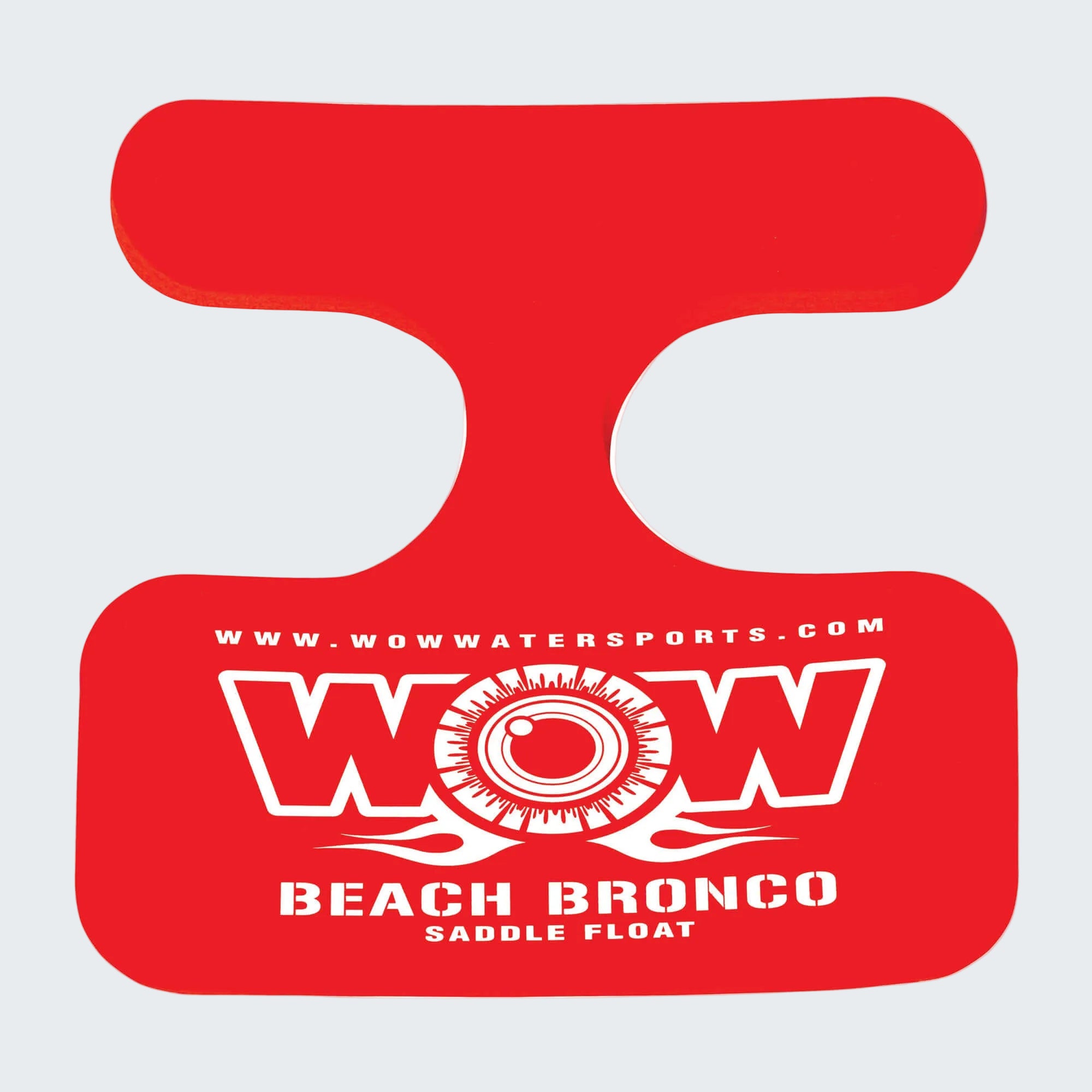 Red and white WOW Beach Bronco saddle float on a white background