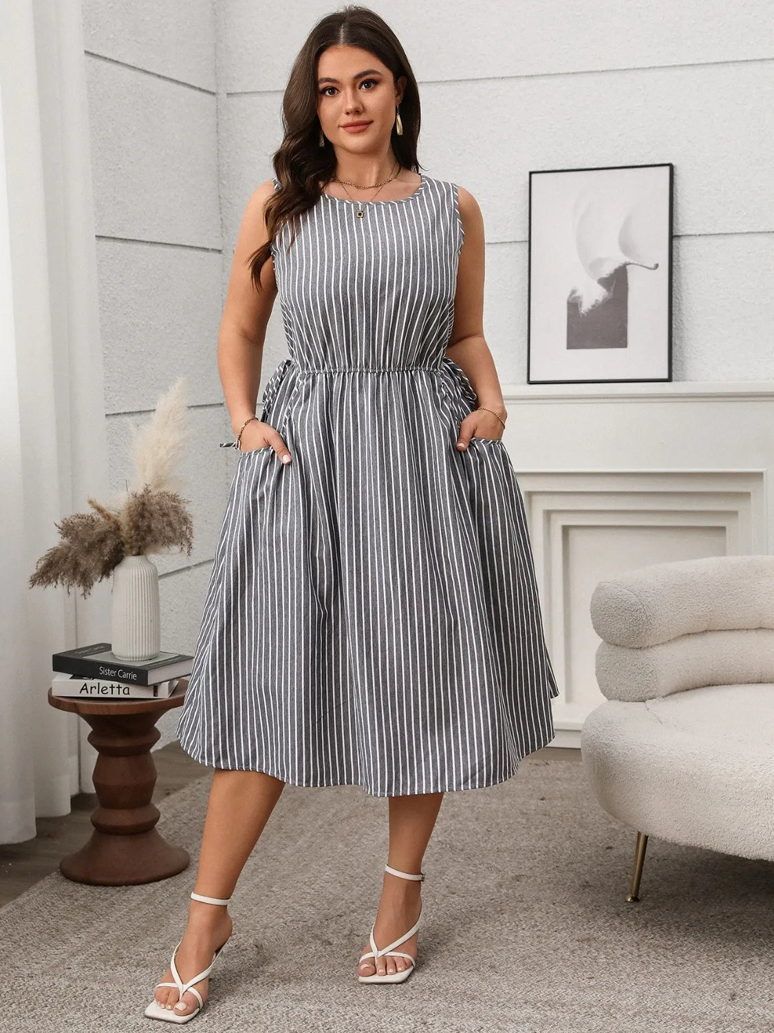 Plus Size Striped Round Neck Sleeveless Dress