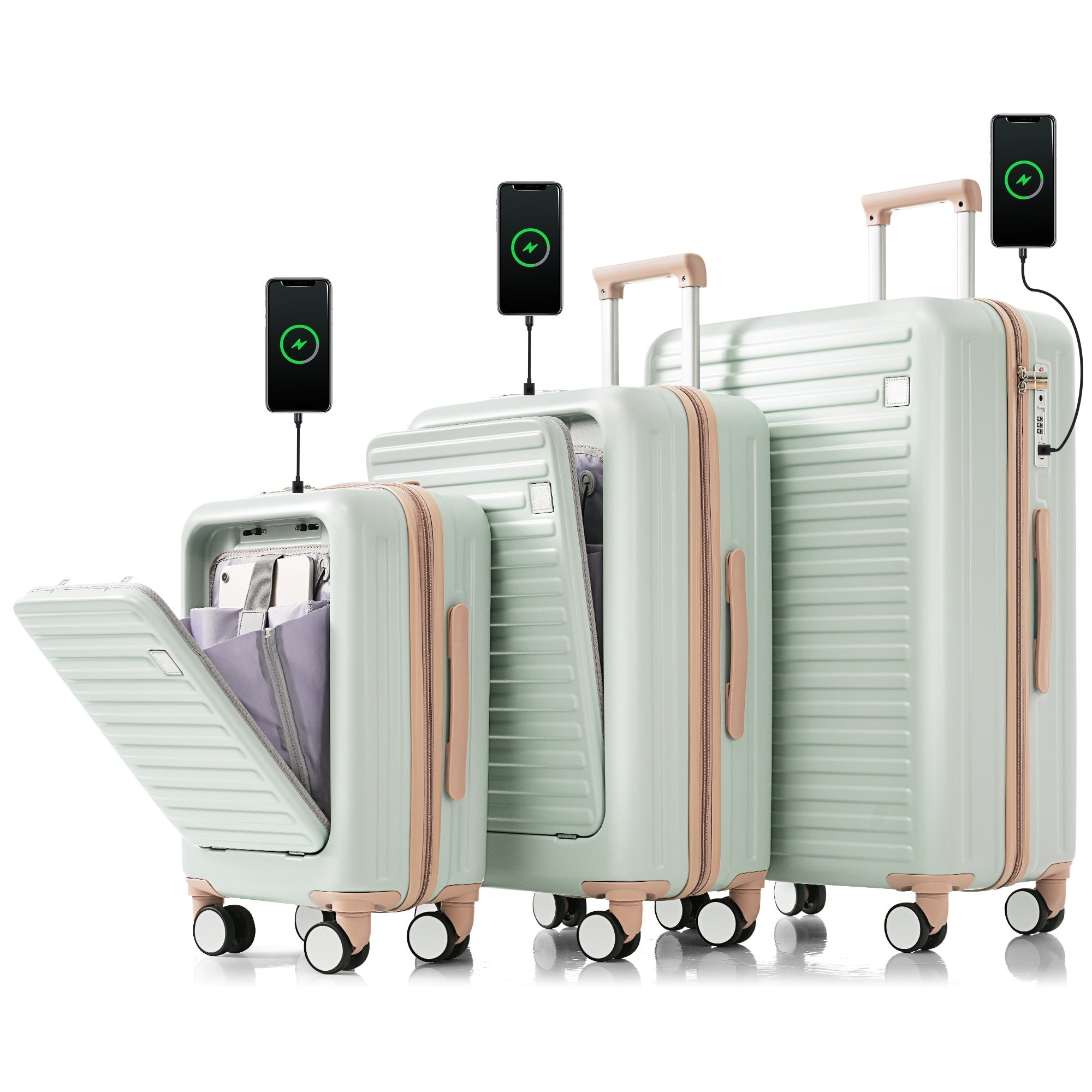 Luggage Set of 3, 20, 24, 28inch with USB Port, 20, 24inch with front