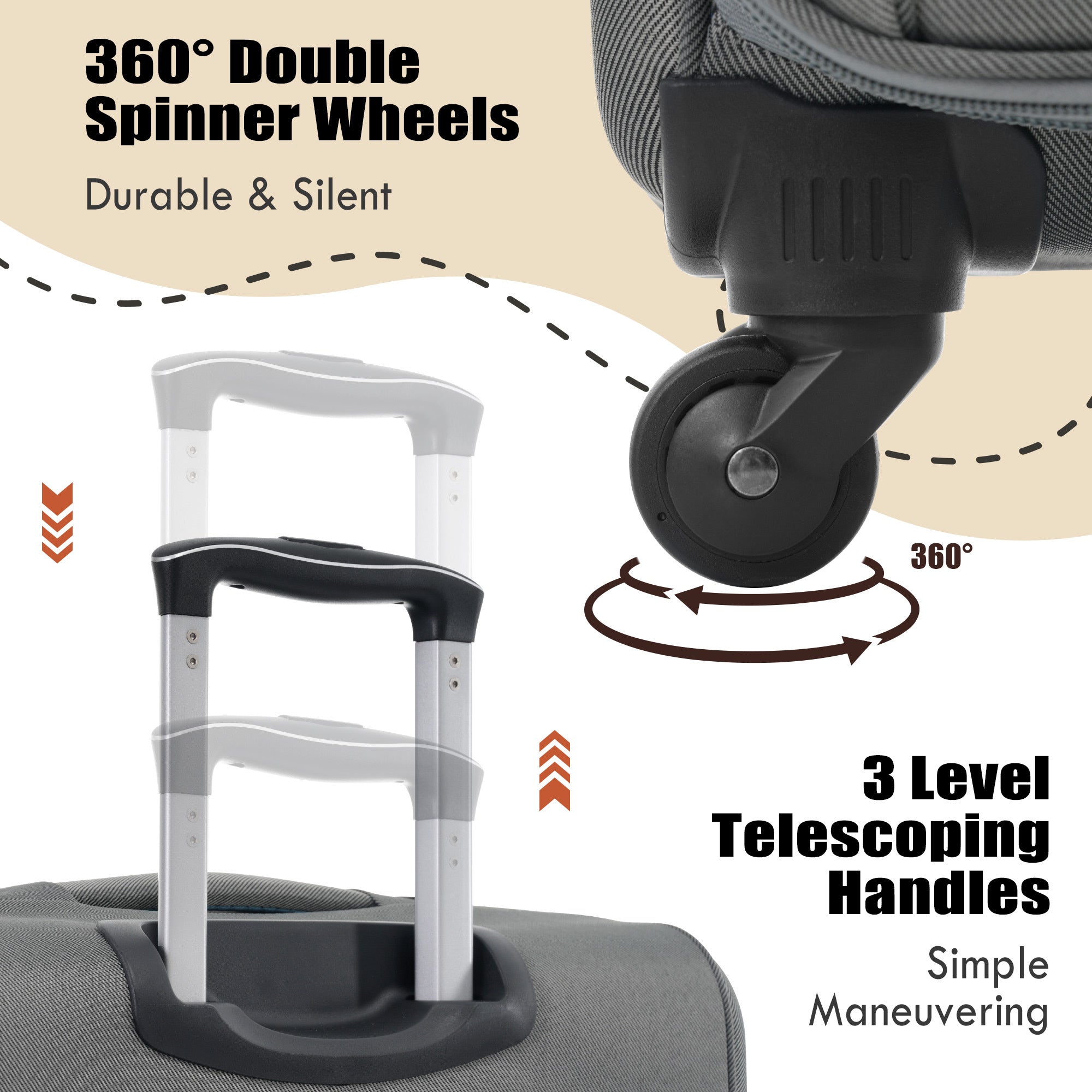 A set of gray softside luggage which includes a 20-inch, 24-inch, and 28-inch suitcase with spinner wheels, a duffel bag, and a toiletry bag.
