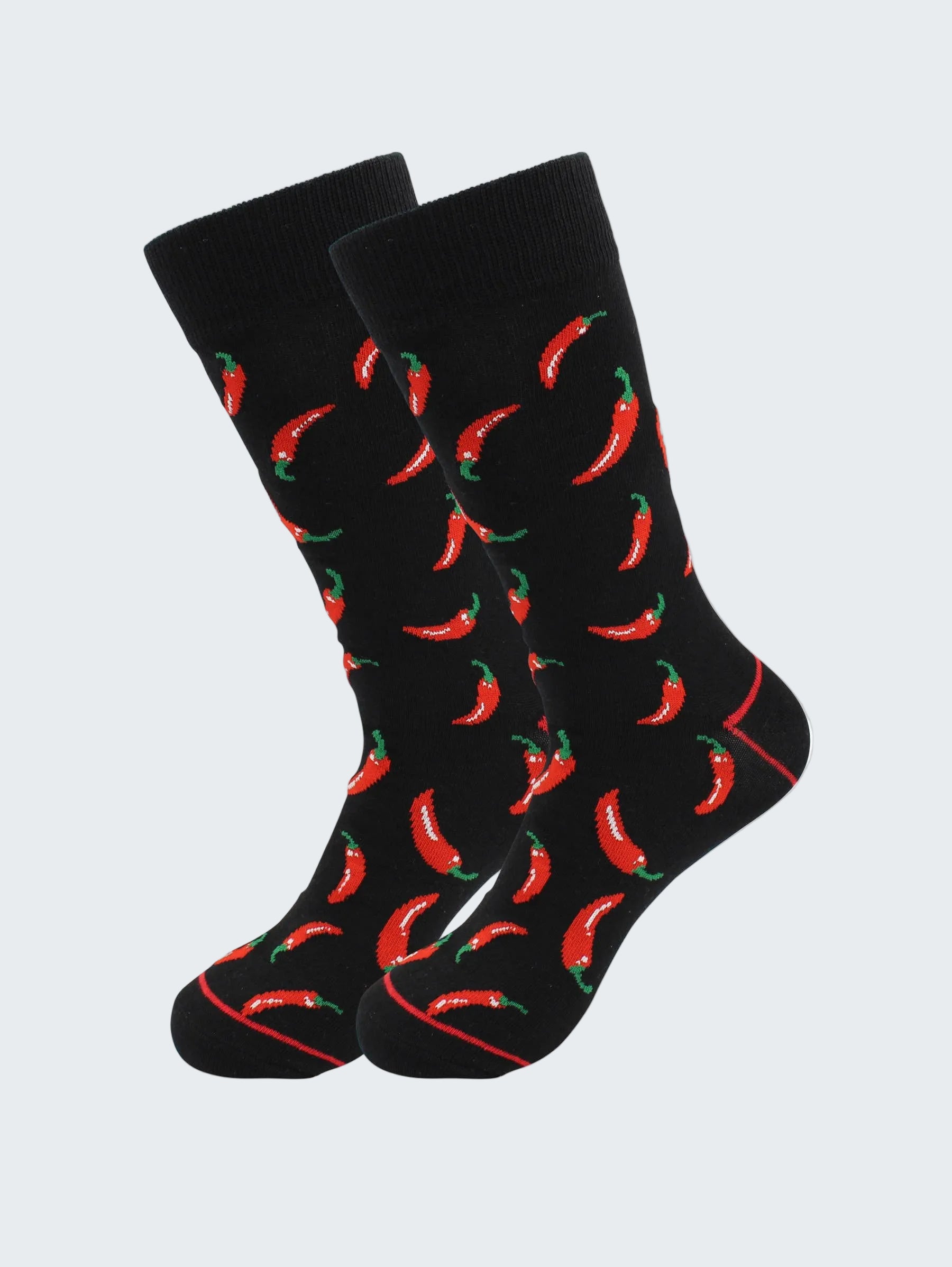Black socks with red chili pepper pattern on a white background