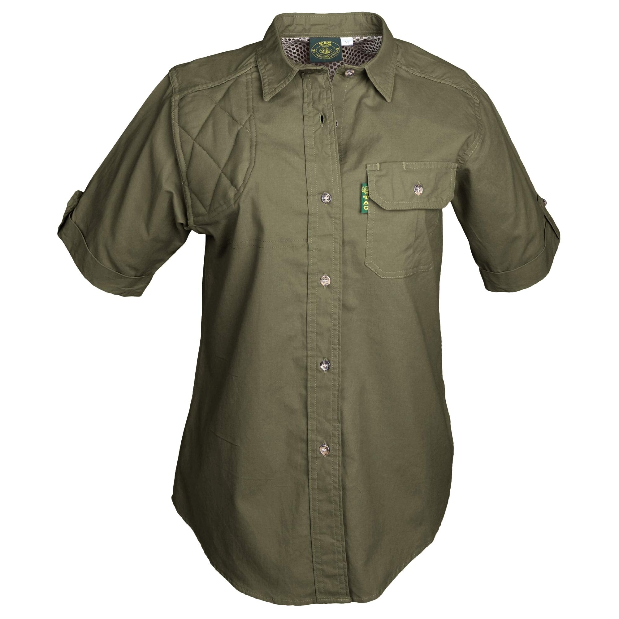 Green shirt with quilted shoulder design on a white background