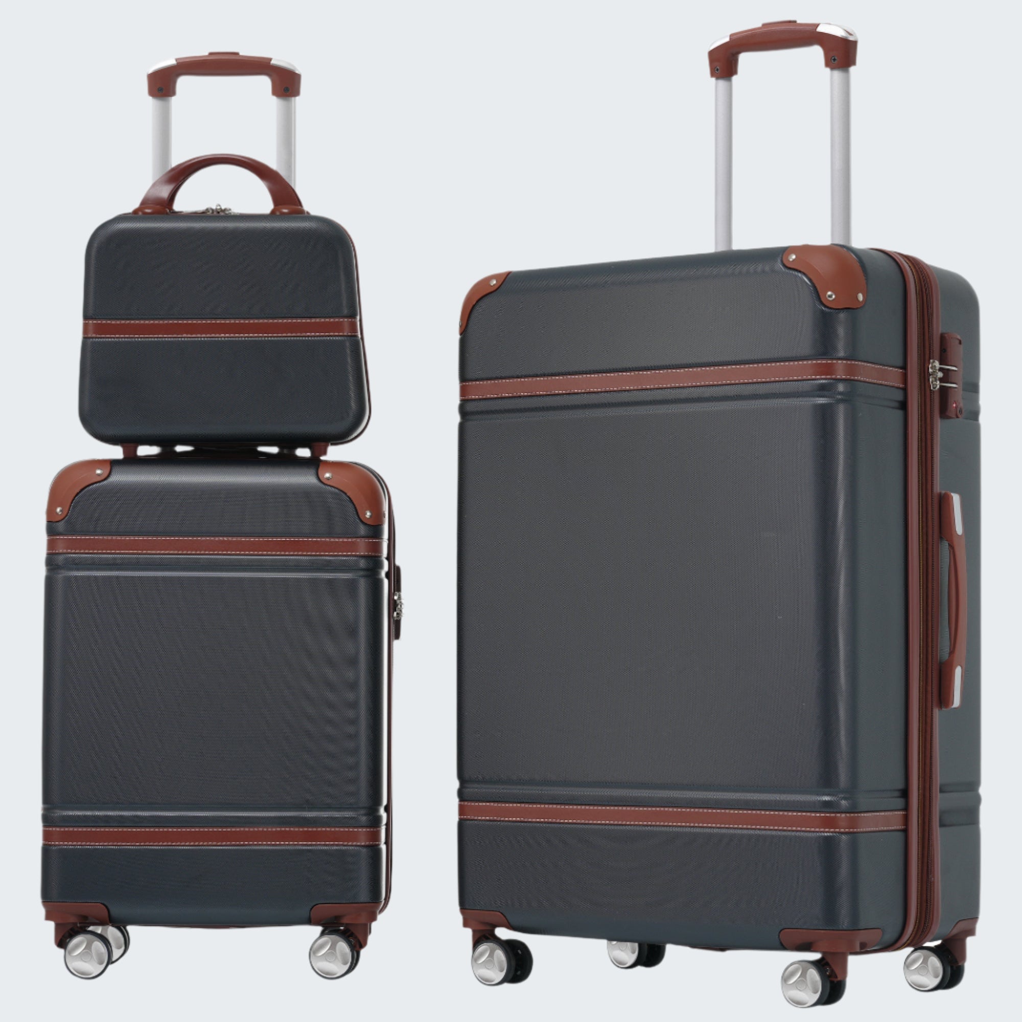 A set of black hardshell luggage with spinner wheels, including a cosmetic case and two luggages sized 20' and 28', with brown trim and TSA locks.