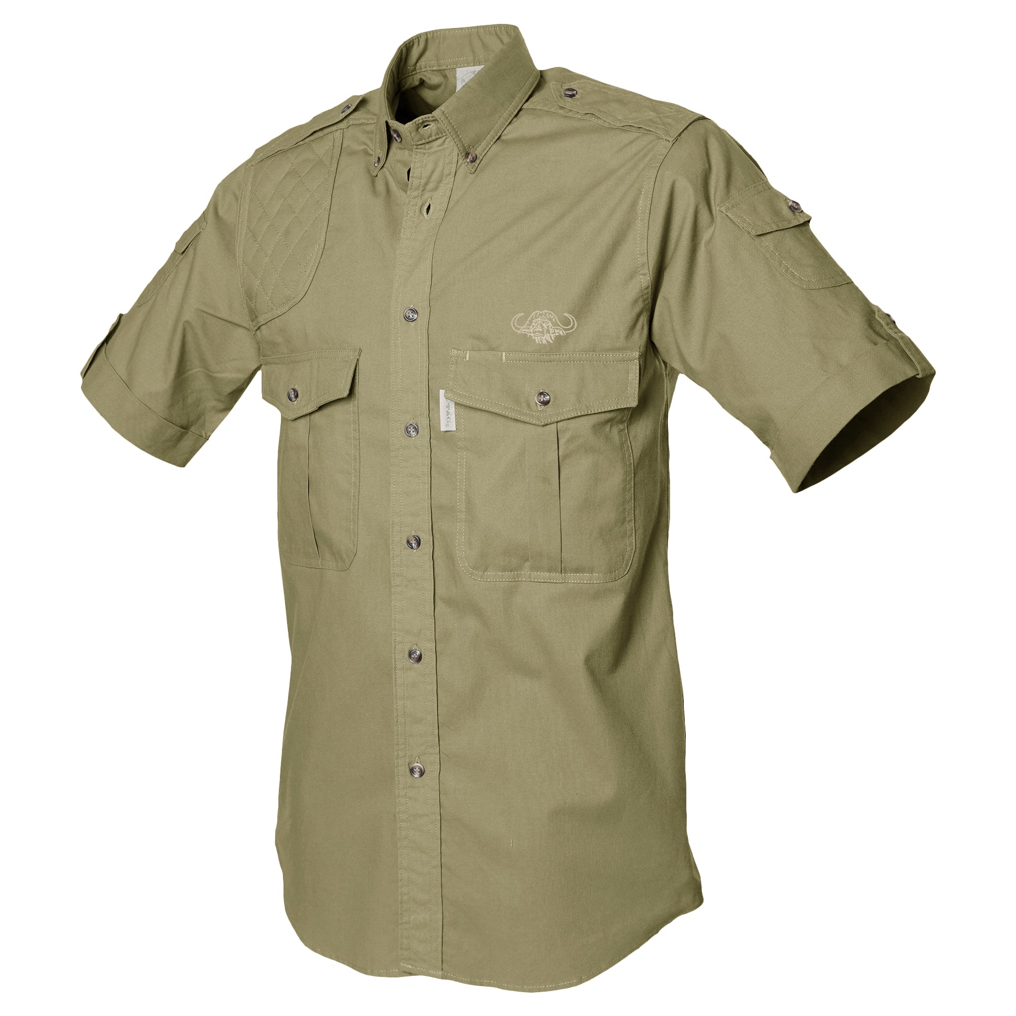Khaki short-sleeve shirt with pockets on a white background