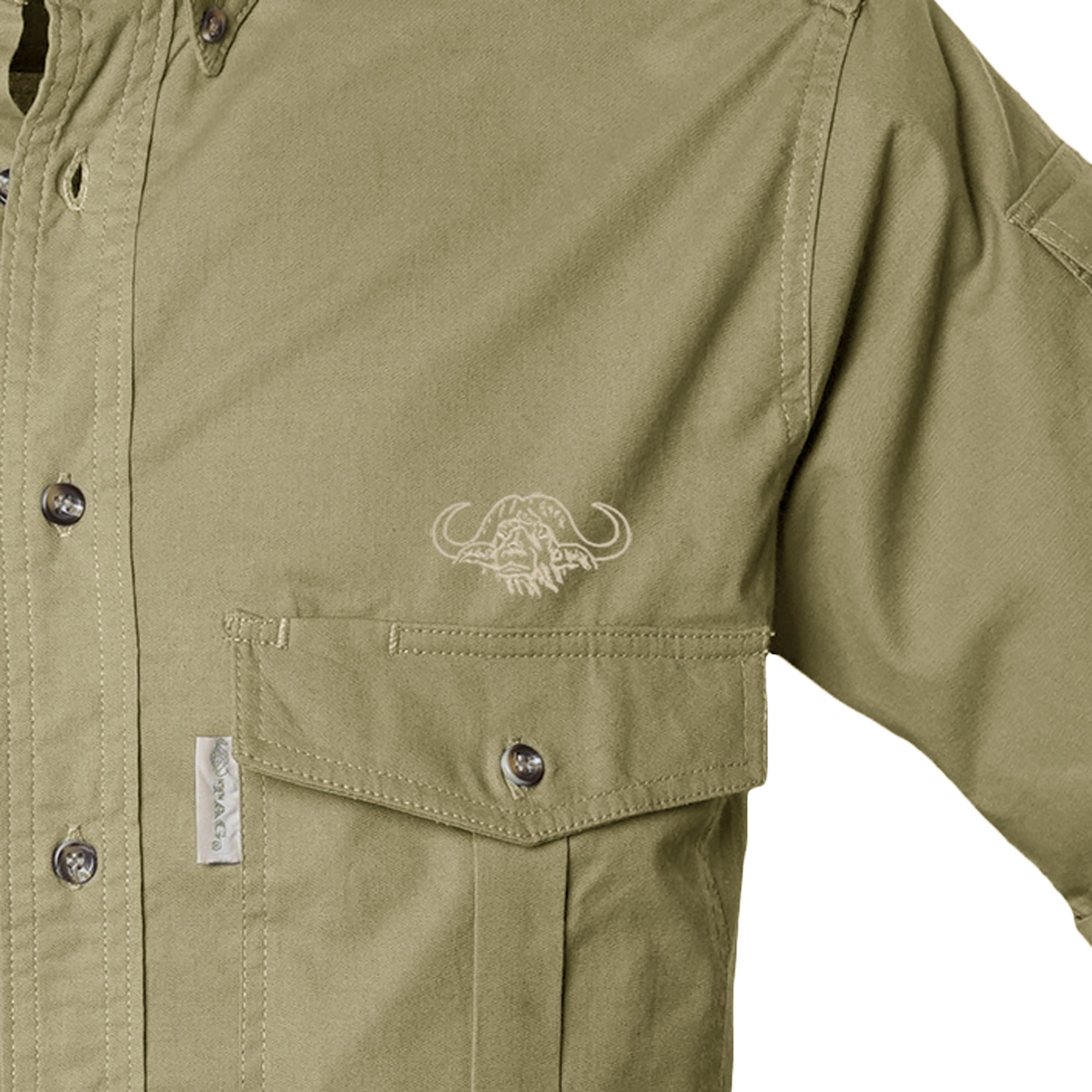 Close-up of a green jacket with a logo on a white background
